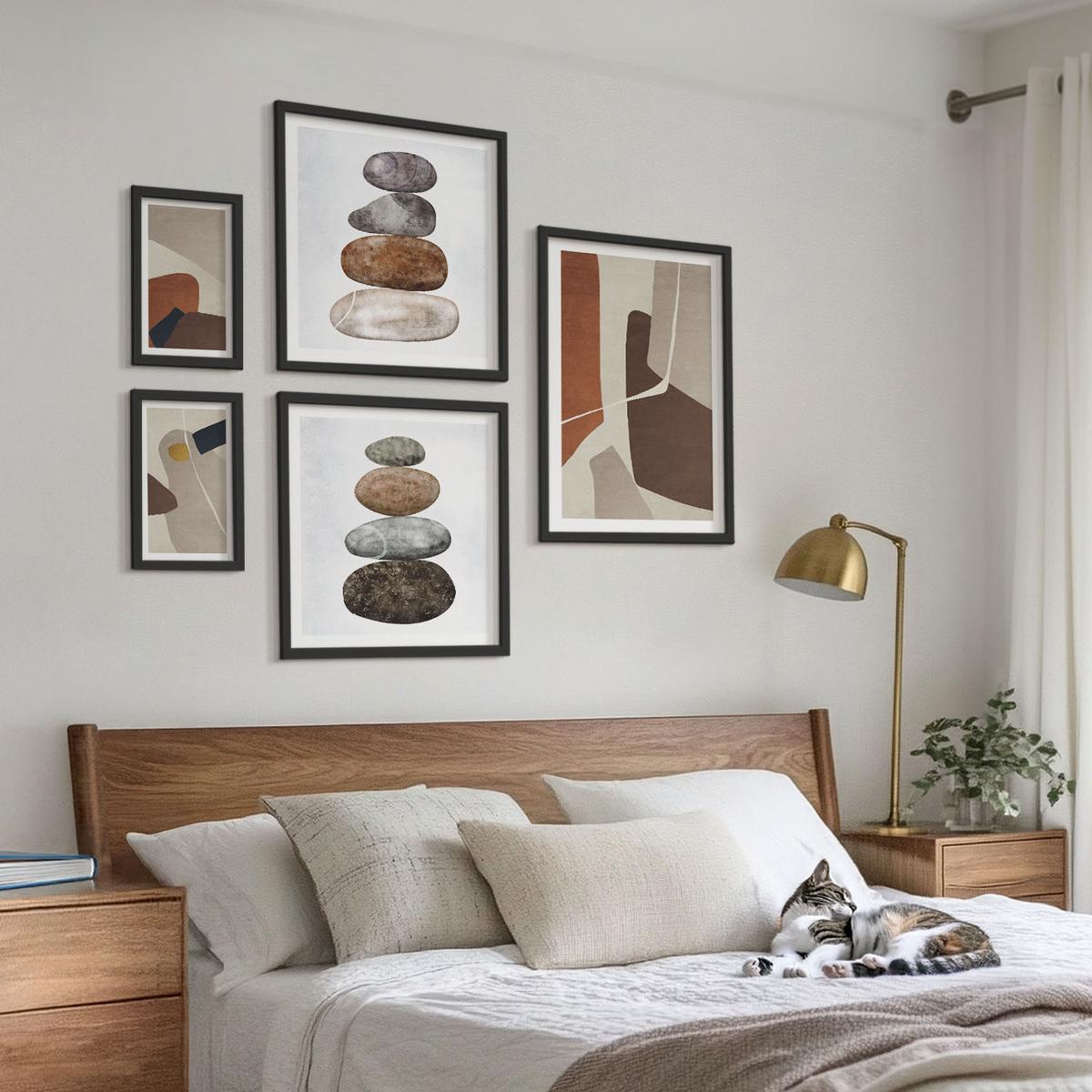 BILDER SET 5er Set - 50x50 cm & 20x30 cm & 40x60 cm Schwarzer Rahmen - Abstrakte Boho-Formen - Schwarz, Kunststoff (40/60cm) - TULUP