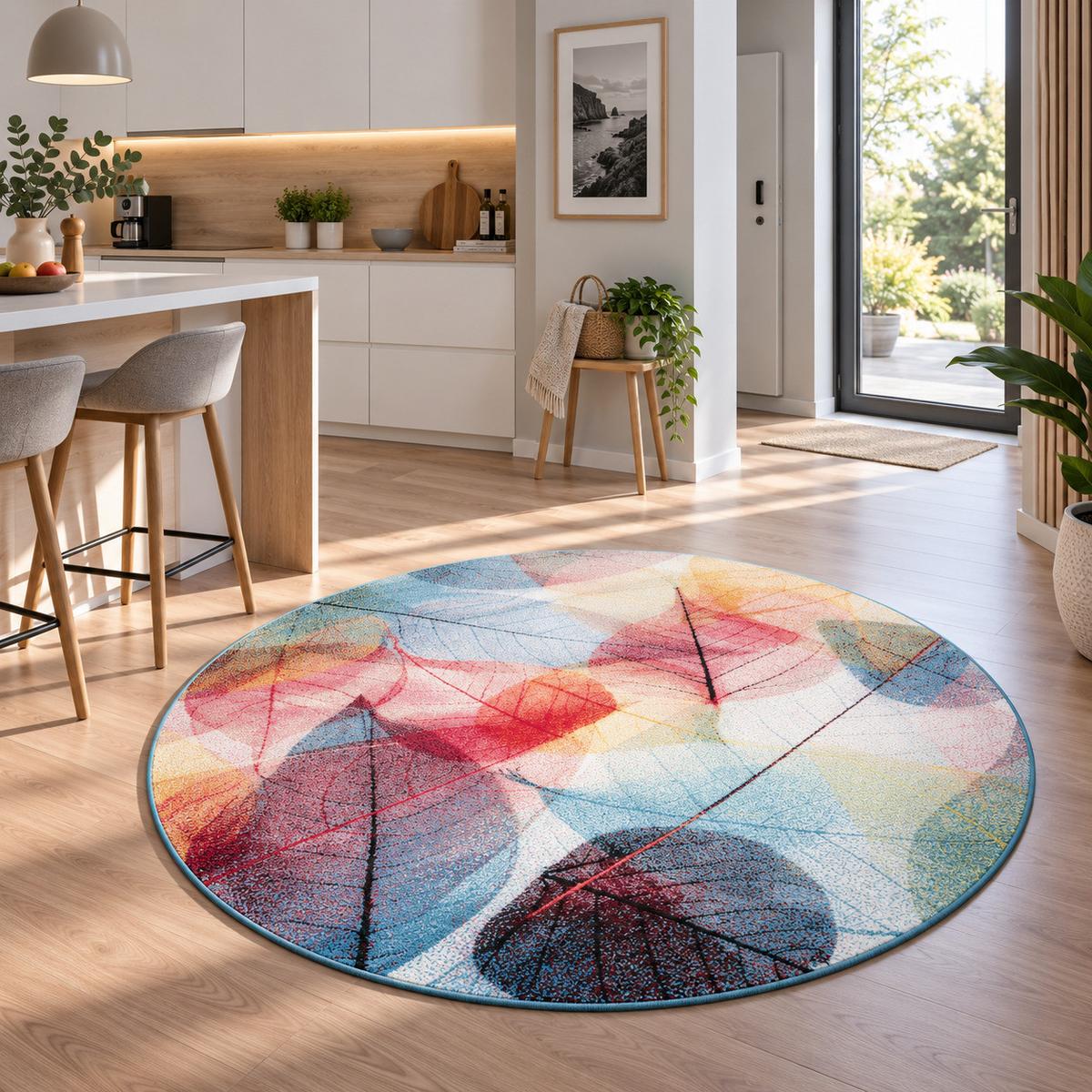 DESIGNER TEPPICH FARO TROPICAL BLÄTTER RUND - Multicolor, Textil (120/120cm) - Pergamon