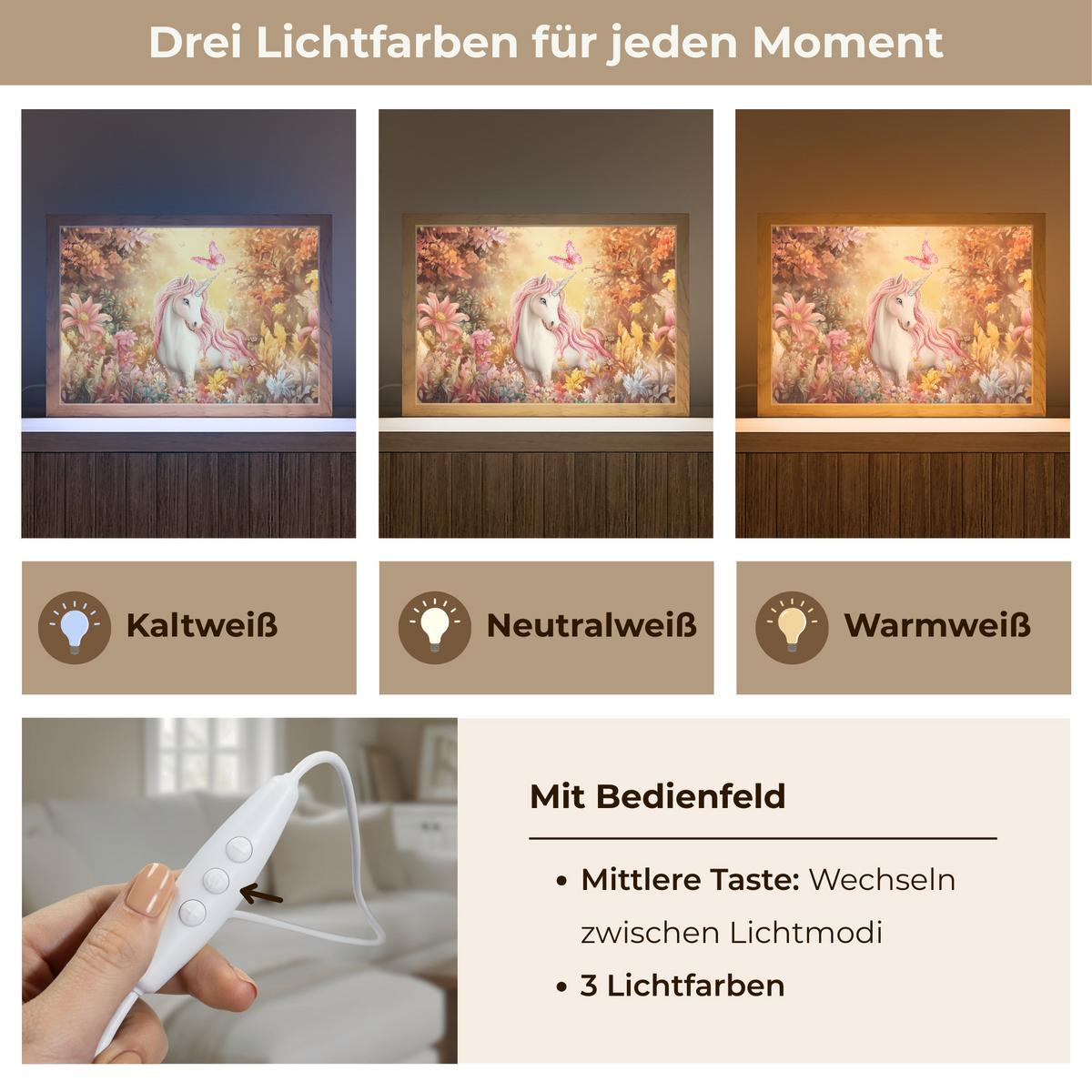 WANDLEUCHTE Einhorn - Blumen - Schmetterling - Rosa 30x20 cm - Beige, Holzwerkstoff (30/20/8cm) - OnlyWow