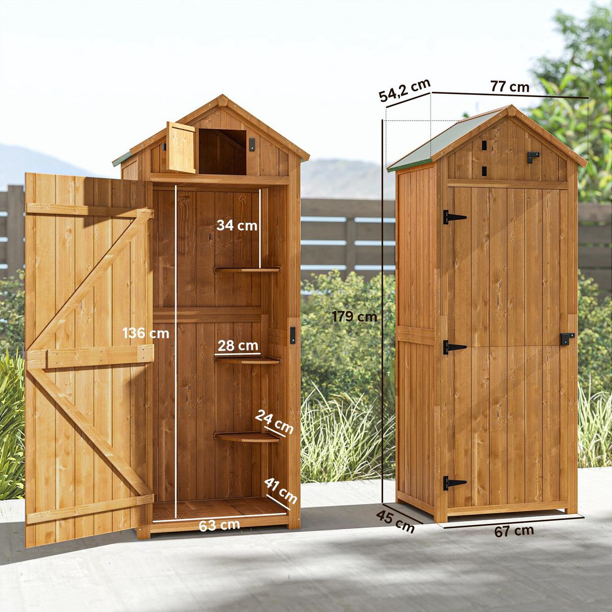 GARTENSCHRANK Geräteschuppen, mit Fachböden, Asphaltdach, Fenster, Holz, Gelb+Grün - Braun, Holz (54.2/179/77cm) - Outsunny