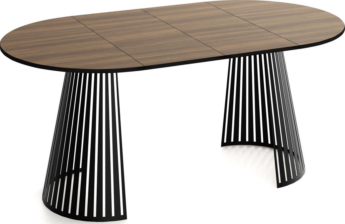 ESSTISCH Naro rund ausziehbar mit Schwarzem Lamellen-Metallgestell, Walnuss Braun 120-200/120/76 cm - Walnussfarben/Schwarz, Holzwerkstoff/Metall (120/196/76cm) - WFL GROUP