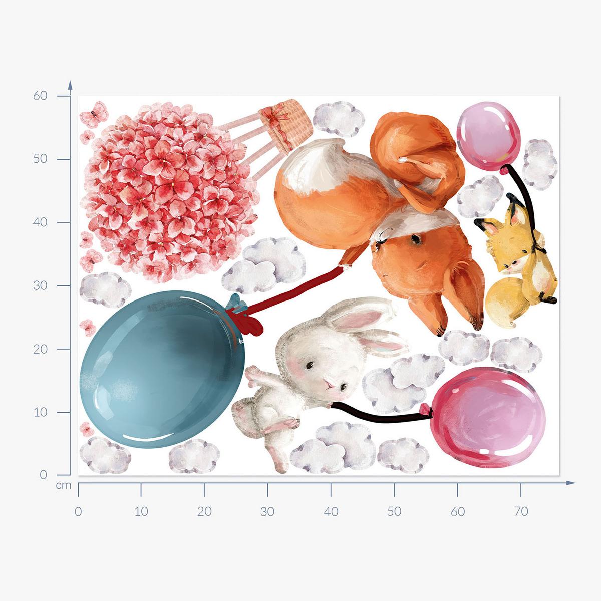 WANDAUFKLEBER 60x76cm - Tiere mit Luftballons - Multicolor, Kunststoff (60/76/0.1cm) - Wallfluent