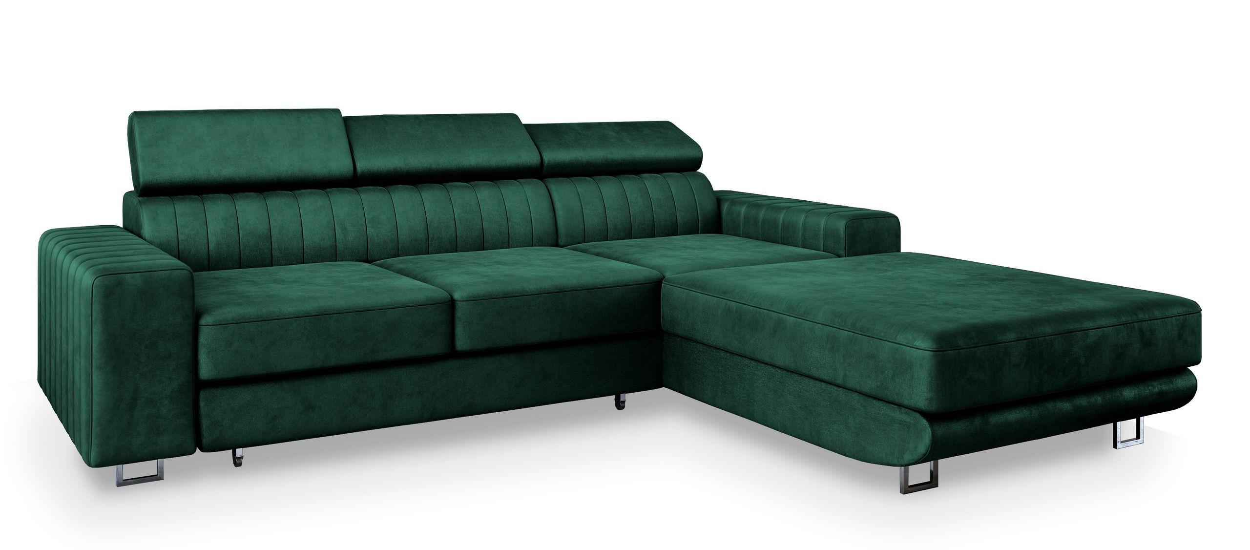 ECKSOFA NOTO R-S Grün Velours-Stoff mit Schlaffunktion - Silberfarben/Grün, Holz/Textil (267/190cm) - MASSENO