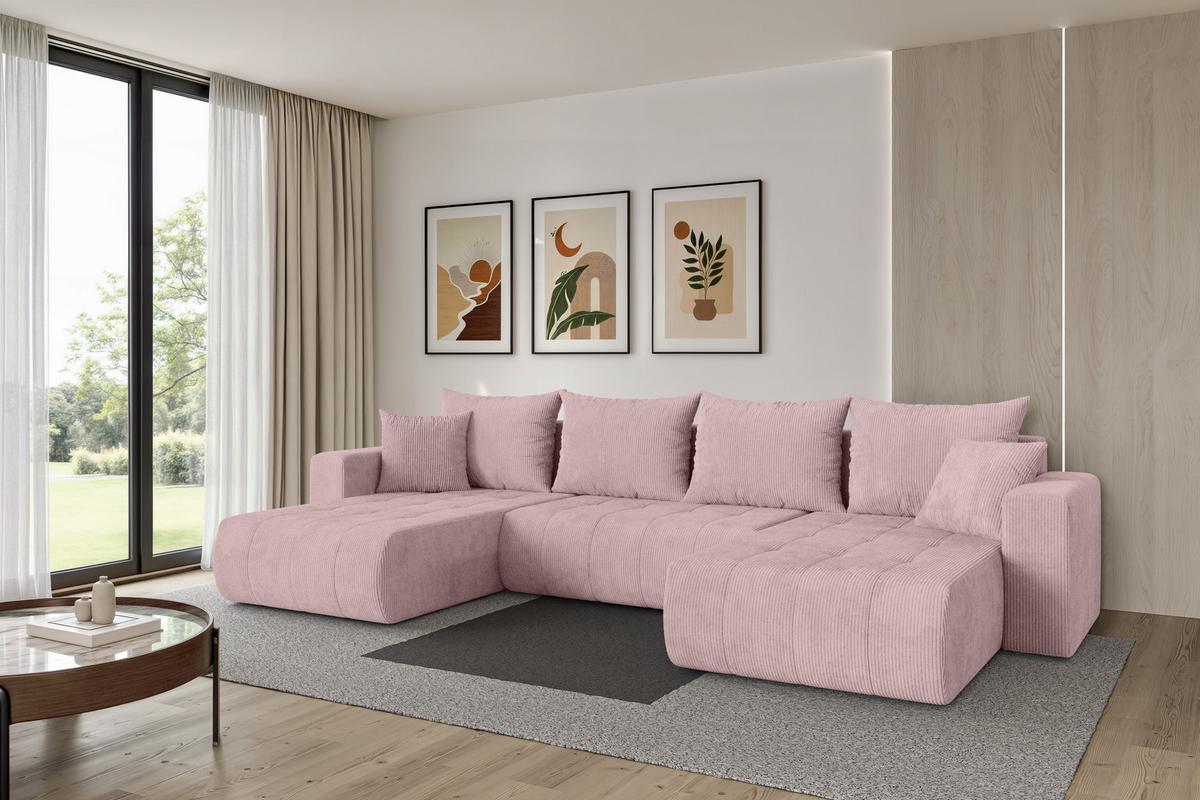 WOHNLANDSCHAFT mit Schlaffunktion und Bettkasten MILA-U 378x194x86 Rosa Cord - Schwarz/Rosa, Holzwerkstoff/Kunststoff (378/86/194cm) - ALTDECOR