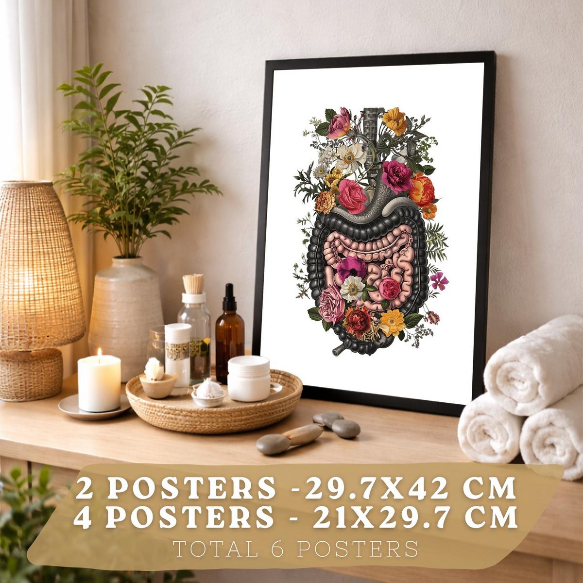 POSTER Set aus 6 Botanische Anatomie Drucke mit Herz Lungen Wirbelsäule Becken und Rippen Beige Terrakotta Erdtöne Florales Schwarzer Rahmen A3 & A4 - Schwarz, Papier (21/29.7/3cm) - Nacnic