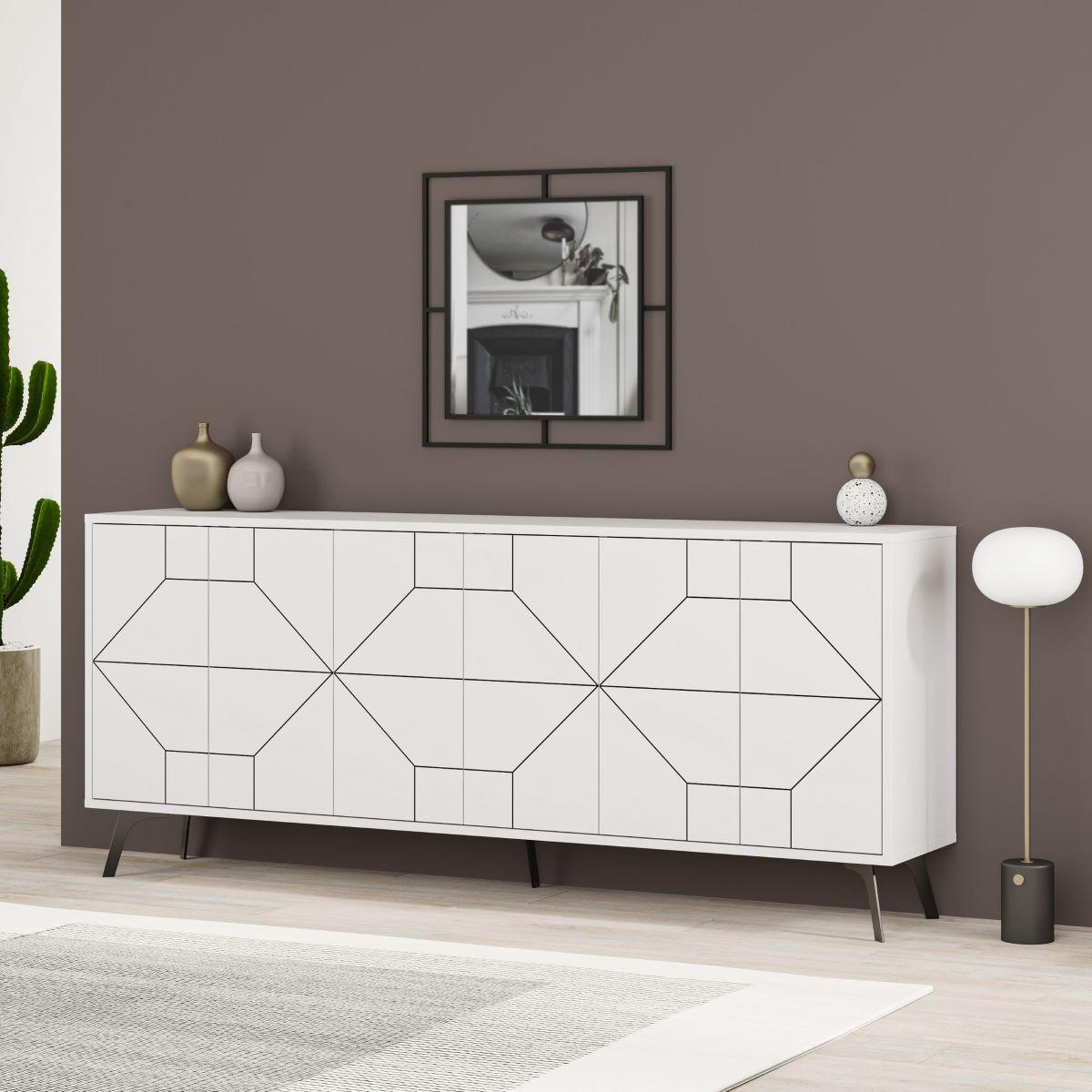 SIDEBOARD mit 6 dekorierten Türen L184 cm - Dune - Weiß, Holzwerkstoff (35/77.4/9cm) - Calicosy