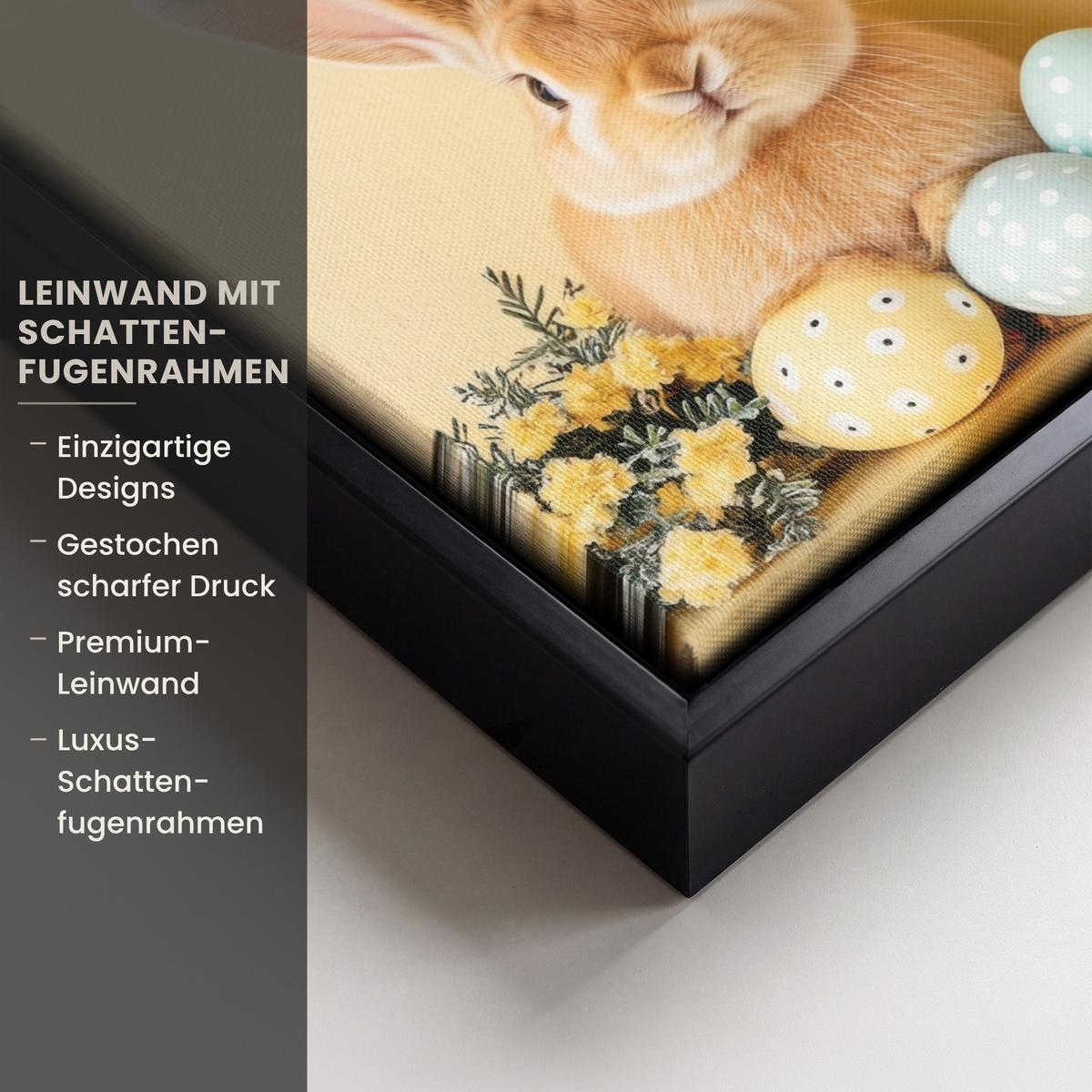 LEINWAND Bilder mit Rahmen - Eier - Kaninchen - Pastellfarbtöne - 30x20 - Hellgelb, Textil (30/20cm) - MuchoWow