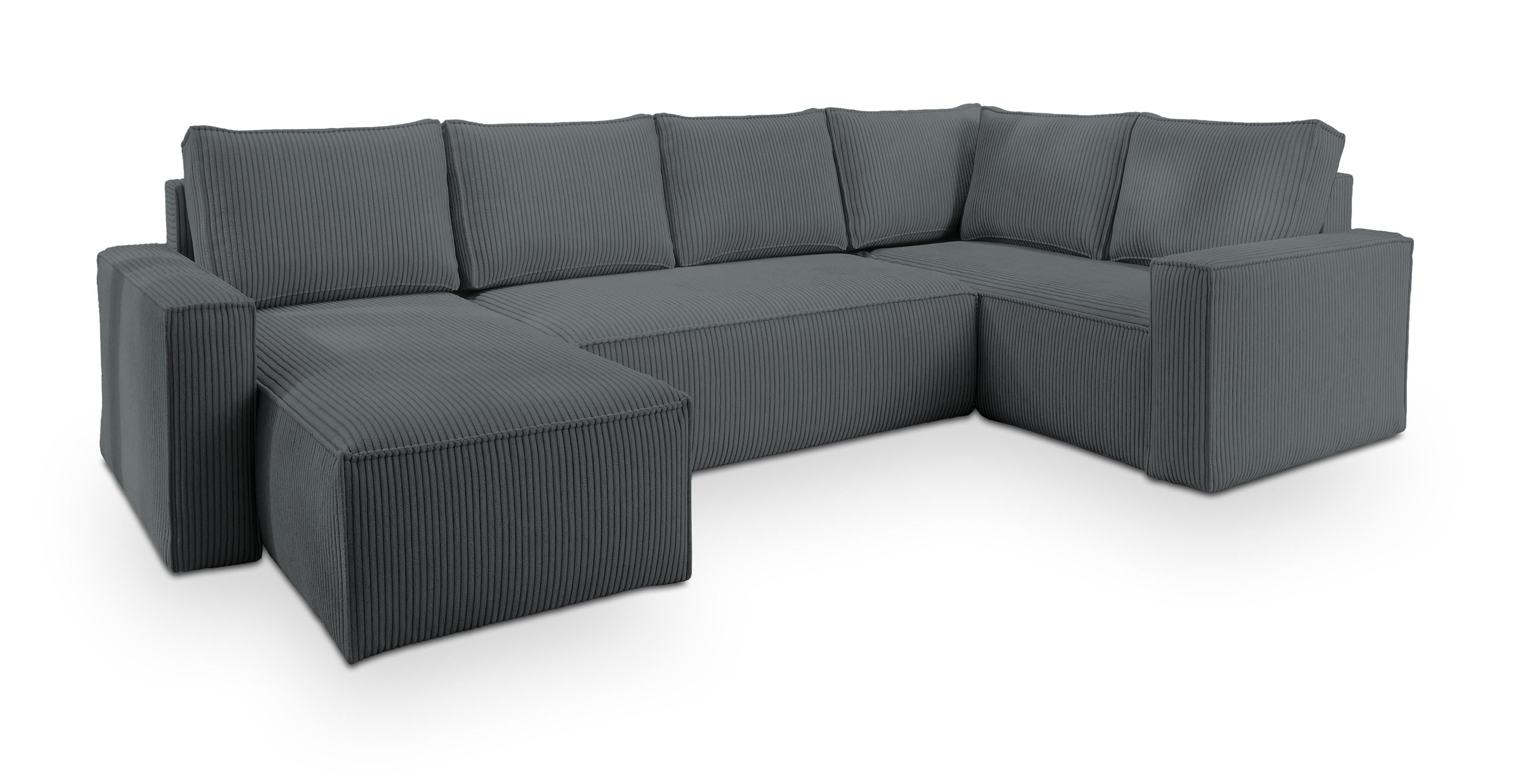 WOHNLANDSCHAFT NORENA R-S Grau Kordstoff mit Schlaffunktion - Grau, Holz (295/85/157.5cm) - MASSENO