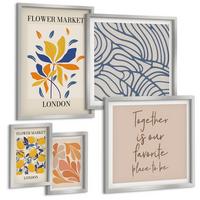 BILDER SET 5er Set - 50x50 cm & 20x30 cm & 40x60 cm Silberner Rahmen - Moderne abstrakte Blumen - Silberfarben, Kunststoff (40/60cm) - TULUP