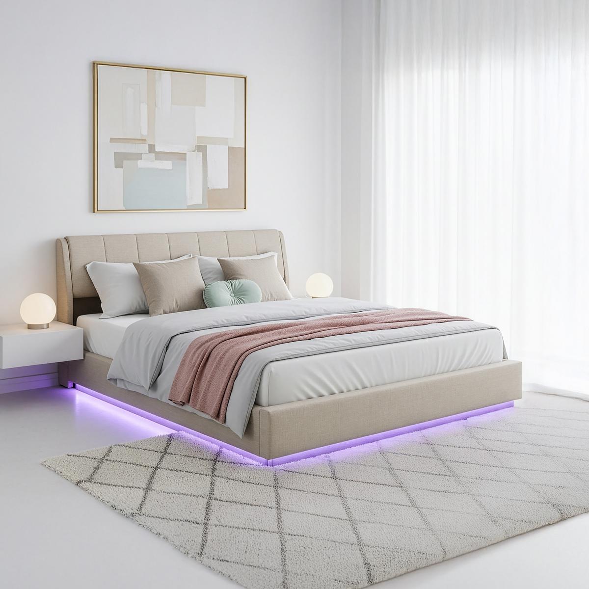 LED POLSTERBETT Tröstiar - Beige, Holzwerkstoff/Kunststoff (180/200cm) - [en.casa]