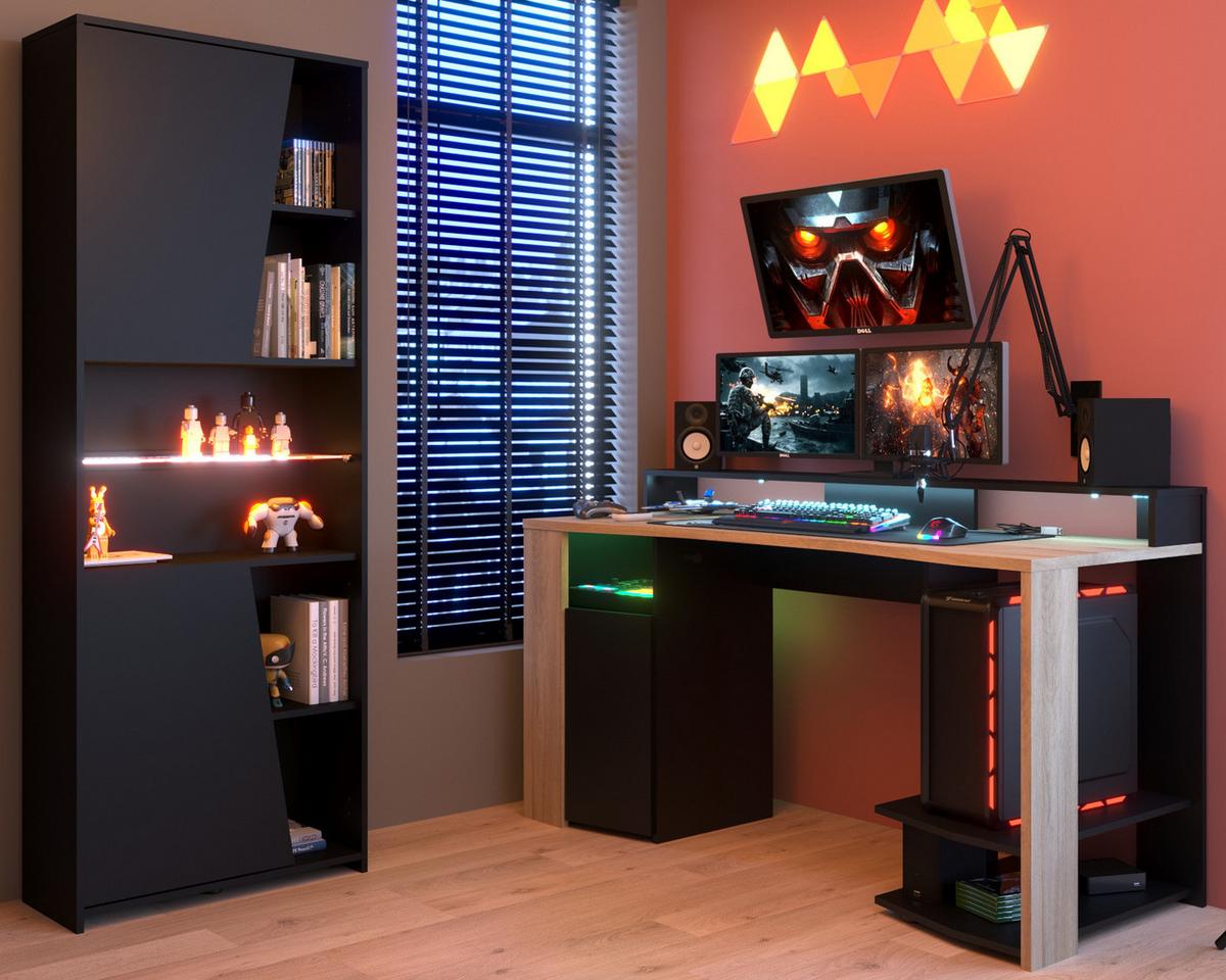 SCHREIBTISCHKOMBINATION schwarz, Eiche, Gamingtisch und Schrank inklusive LED-Beleuchtung - Eichefarben/Schwarz, Holzwerkstoff/Metall (62/219/180cm) - Parisot Meuble