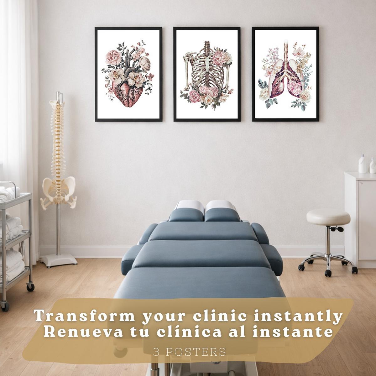POSTER Set aus 3 Anatomie Florale Drucke und Wandbilder mit Herz Brustkorb und Lungen Detaillierter Illustrationsstil Größe Schwarzer Rahmen A3 - Schwarz, Papier (29.7/42/3cm) - Nacnic