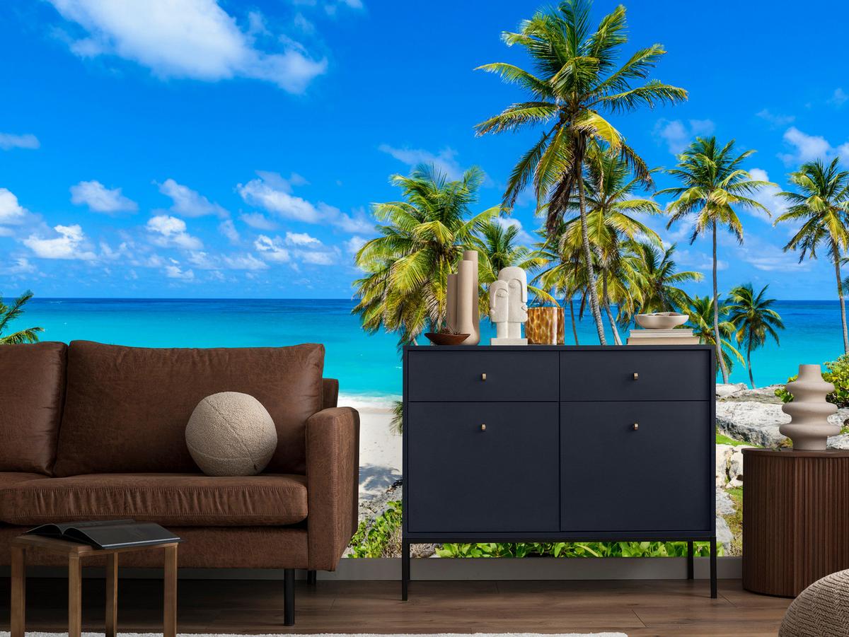FOTOTAPETE Strand Palmen Ozean Landschaft 3D 300x210 - Blau/Beige, Papier (300/210cm) - Muralo