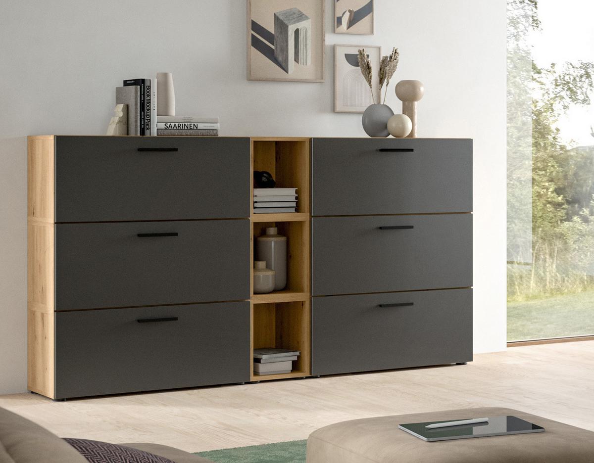 SIDEBOARD grau, Eiche Artisan 176 cm, Kommode mit Soft-Close - Schwarz/Eiche Artisan, Holzwerkstoff/Kunststoff (176/99/34cm) - Inn.Furn