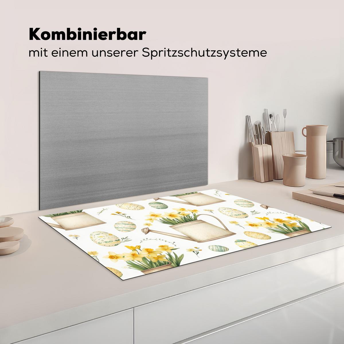 HERDABDECKPLATTE Gießkanne - Blumen - Eier Induktionsschutz 81.6x52.7 cm - Weiß, Kunststoff (81.6/52.7/0.2cm) - MuchoWow
