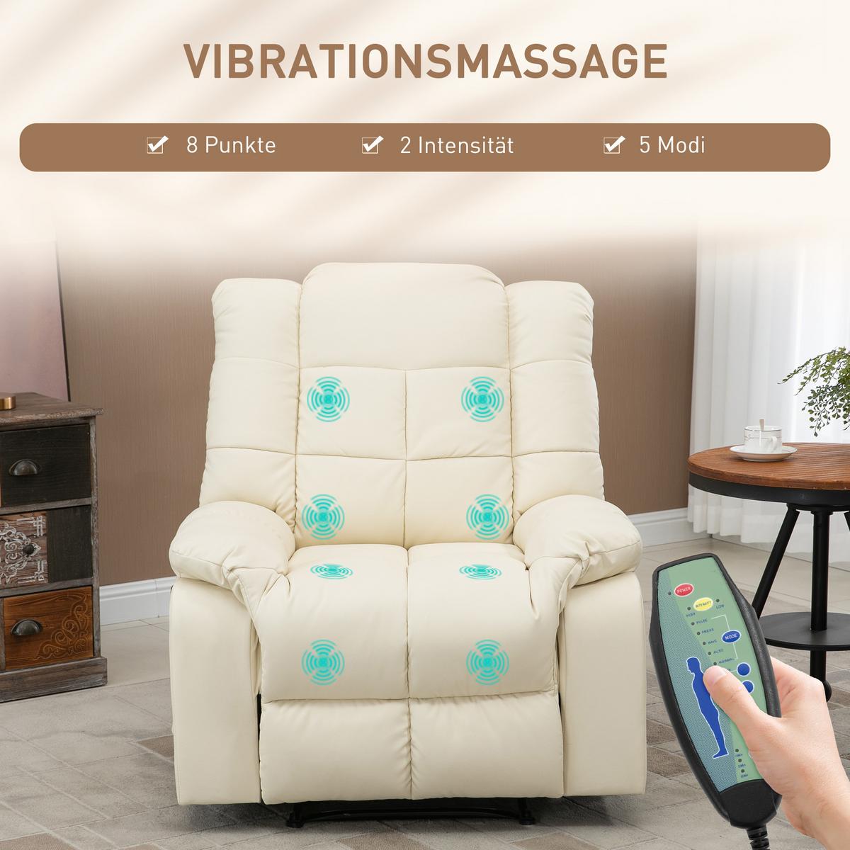 MASSAGESESSEL Elektrisch Fernsehsessel mit Liegefunktion 8 Massagepunkte Creme - Creme/Schwarz, Leder (99/99/94cm) - HOMCOM