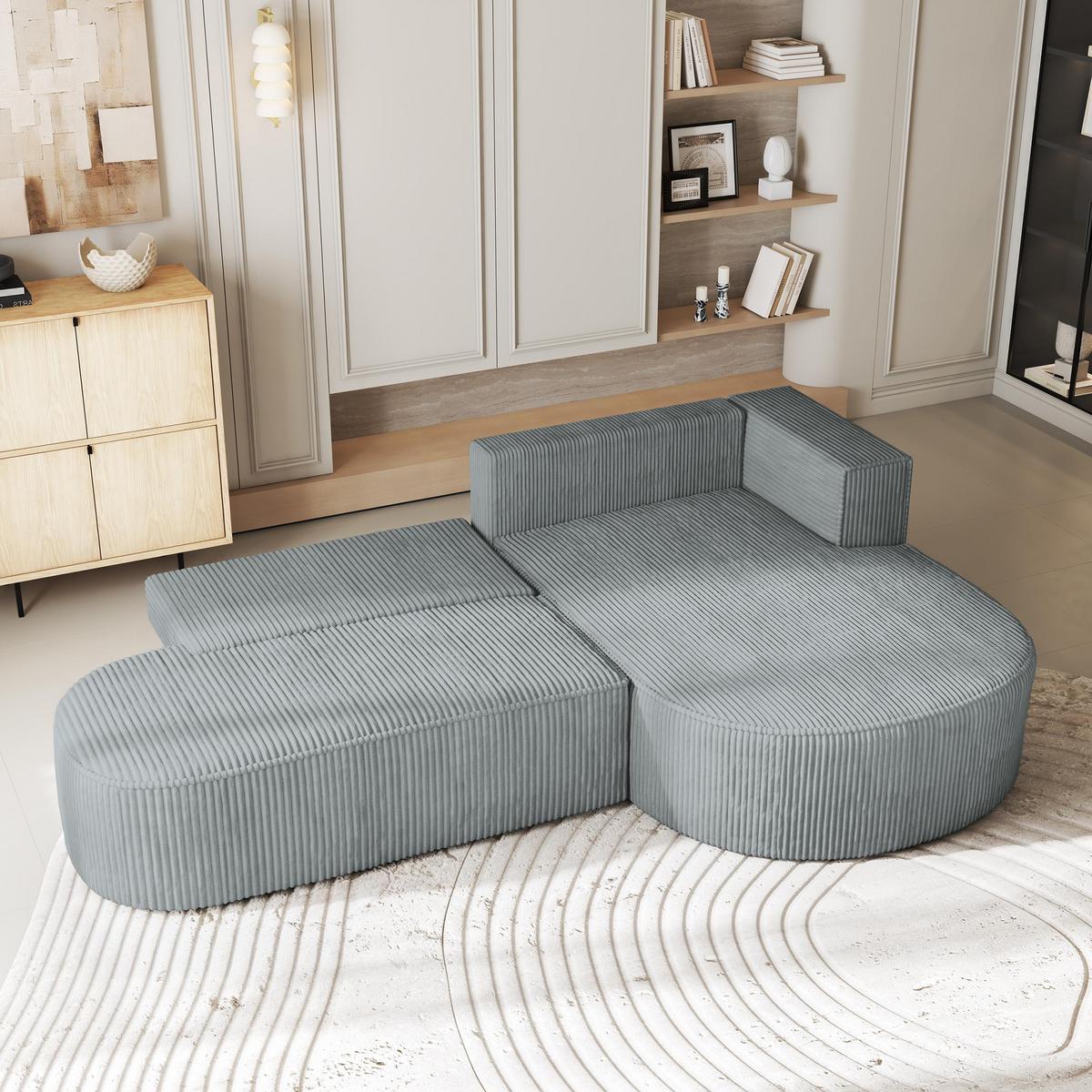 ECKSOFA CORTIO P R-S Hellgrau Kordstoff mit Schlaffunktion - Hellgrau, Holz (265/174cm) - MASSENO