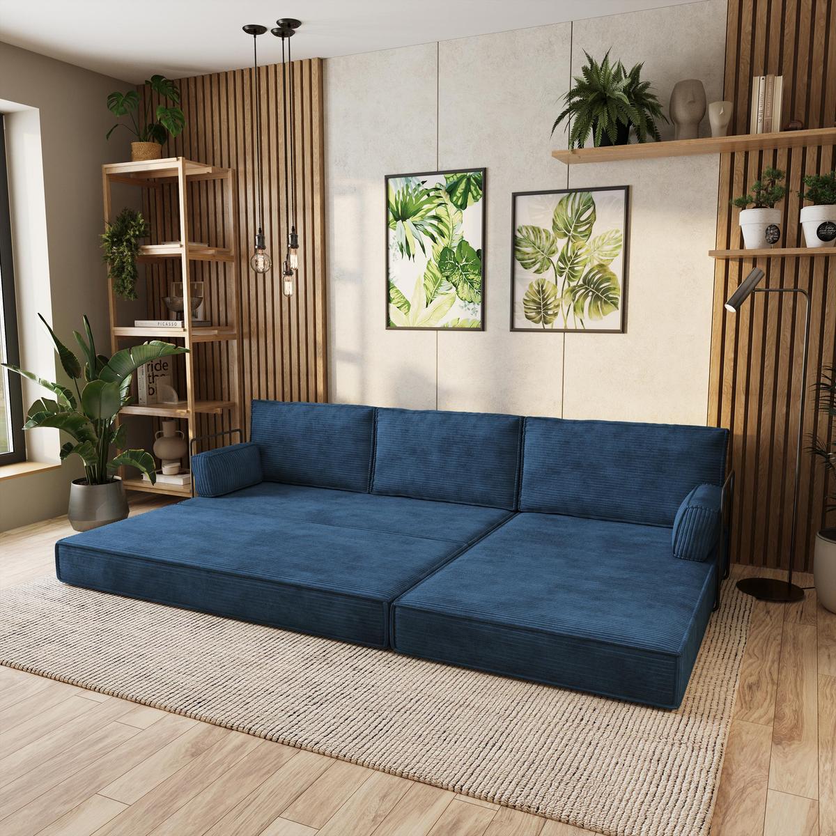 ECKSOFA ANKO modulares Boneless Sofa mit Schlaffunktion Blau Kordstoff - Blau, Textil (270/160cm) - MASSENO