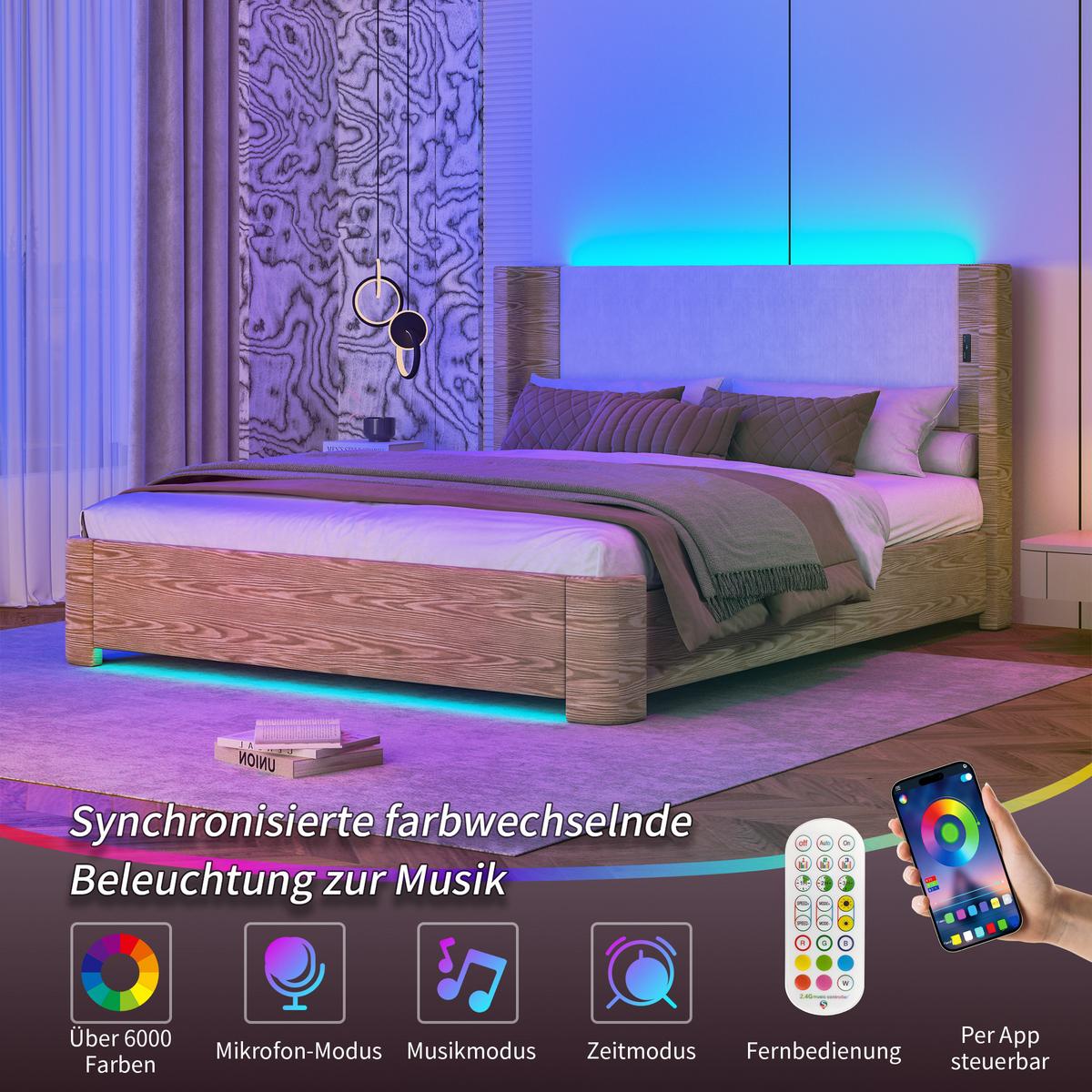 POLSTERBETT Beige Samt King Size 190X200 Stauraumbett mit LED & Gaslift - Beige, Textil (190/200cm) - Urban Meuble