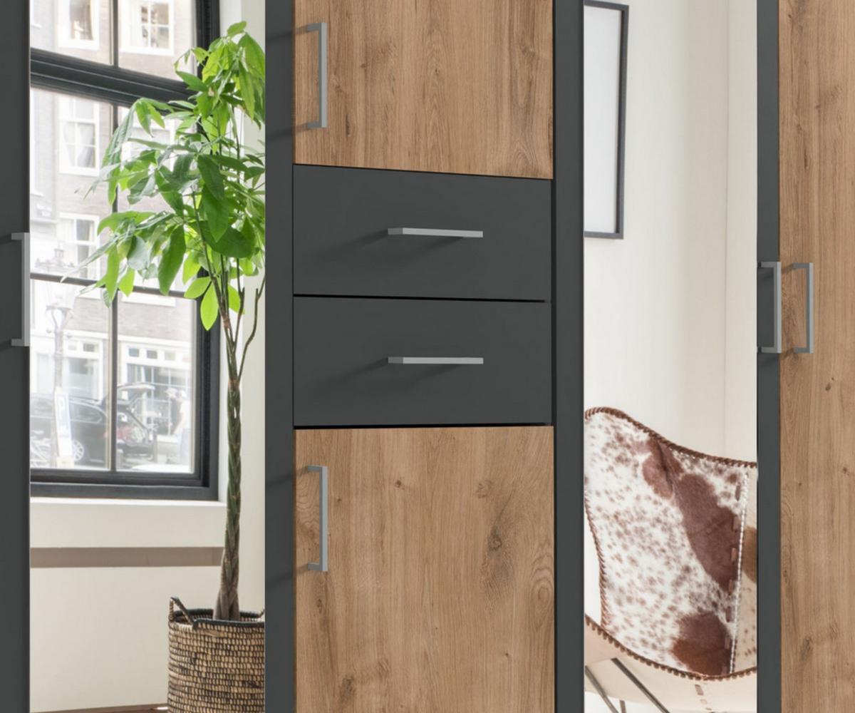 DREHTÜRENSCHRANK Kleiderschrank B228/H210/T58 cm mit Passepartout, Schubkästen & 2 Spiegeltüren, Eiche Dekor mit Absetzungen in Grafit / 22600 - Eichefarben/Silberfarben, Holzwerkstoff/Kunststoff (228/210/58cm) - luma-home