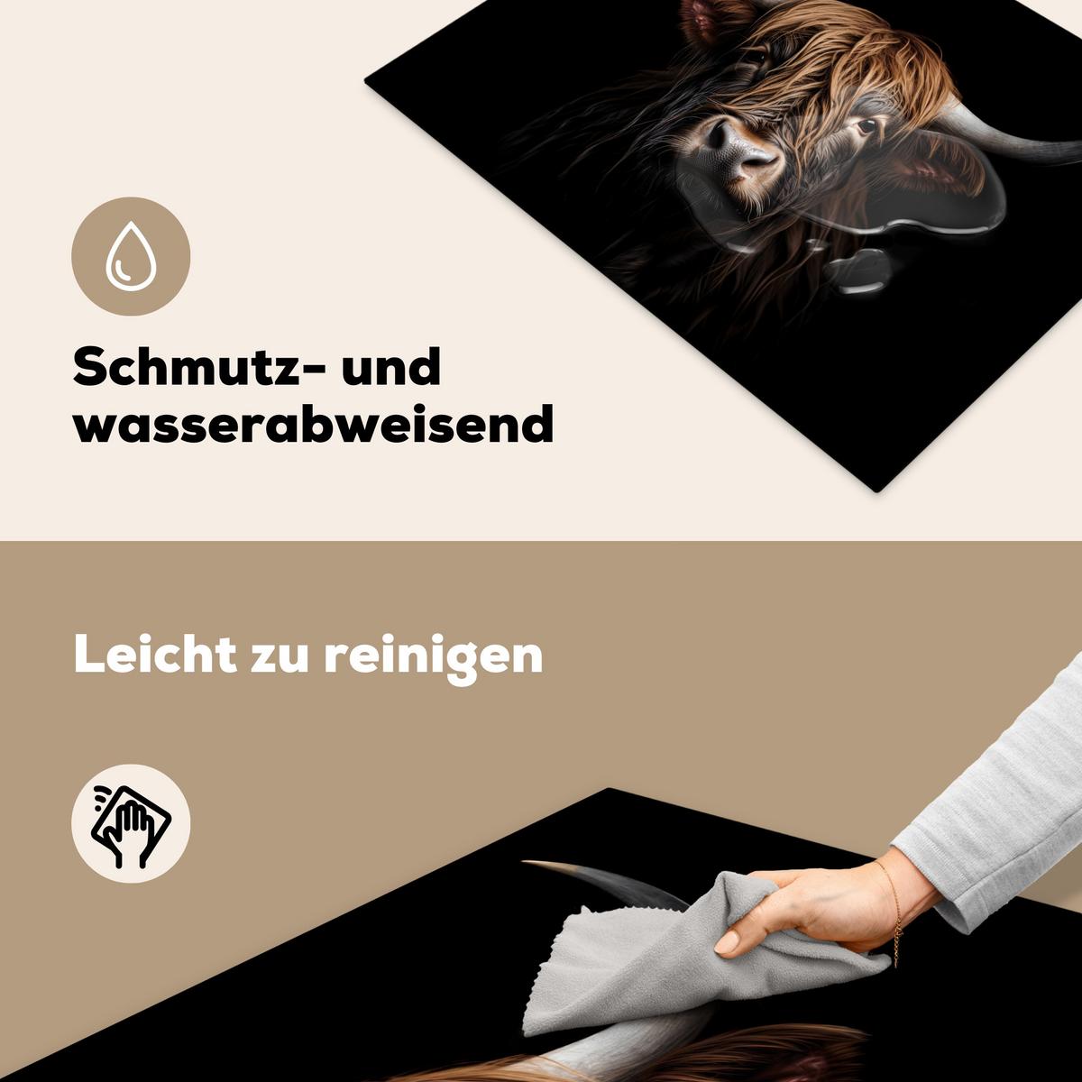 HERDABDECKPLATTE Schottischer Highlander - Porträt - Schwarz - Tier Herdabdeckung Induktionsfeld 70x52 cm - Braun, Kunststoff (70/52/0.2cm) - MuchoWow