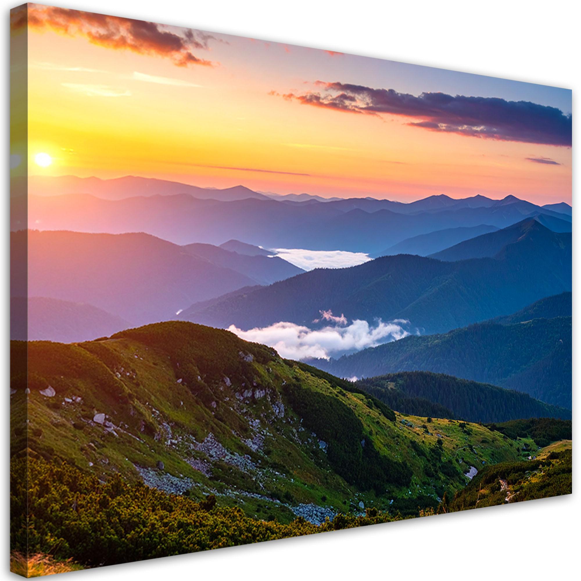 LEINWANDBILD Berglandschaft Sonnenuntergang 90x60cm - Multicolor, Textil (90/60cm) - Feeby