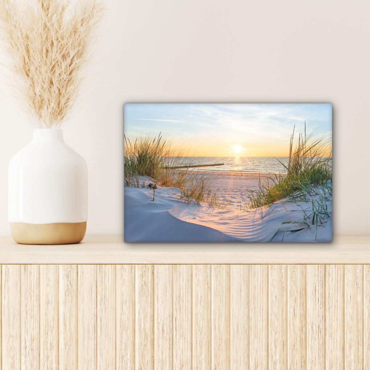 LEINWANDBILD Strand - Sonne - Düne - Gras - Sand - Horizont Deko Schlafzimmer 30x20 cm - Hellblau, Textil (30/20cm) - MuchoWow