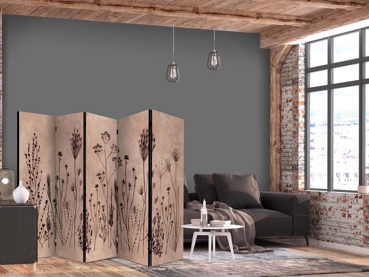 PARAVENT Einseitig Bedruckter 5-tlg 225x172 cm Wildpflanzen Retro - Braun, Holz/Textil (225/172/3cm) - Muralo