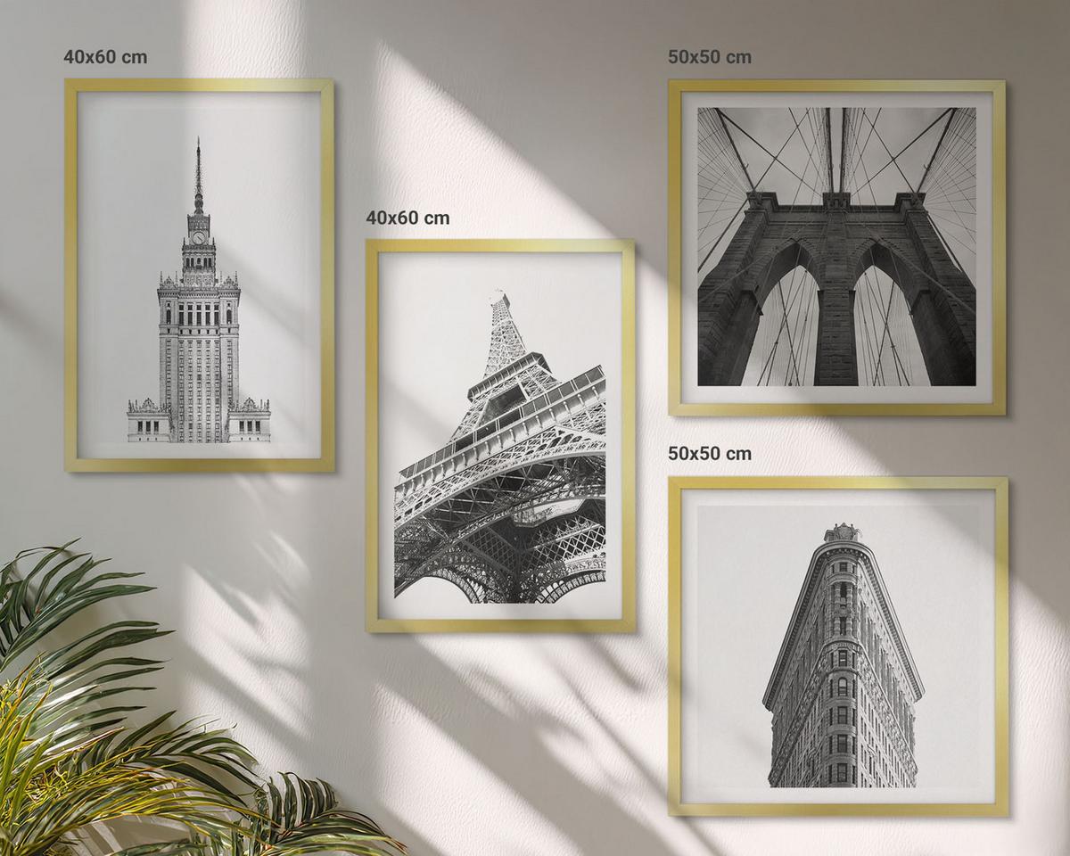 BILDER SET 4er Set - 50x50 cm & 40x60 cm Goldrahmen - Architektur Schwarz-Weiß-Minimalismus - Goldfarben, Kunststoff (50/50cm) - TULUP