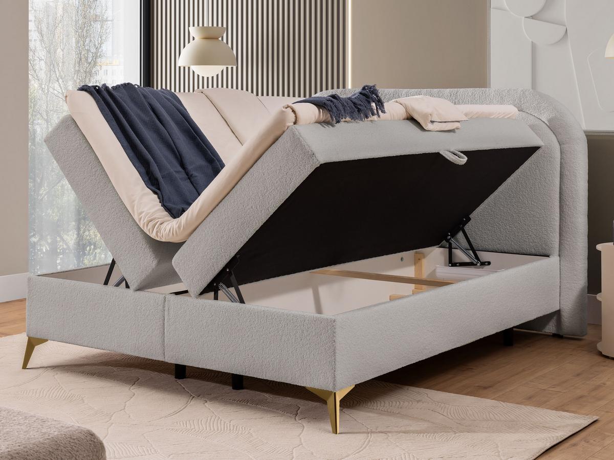 BOXBETT Sonna 180/200 cm Hellgrau Bouclé-Stoff mit abgerundetem Kopfteil und mit goldenen Metallfüßen - Goldfarben/Hellgrau, Holz/Textil (180/200cm) - S-Style Möbel