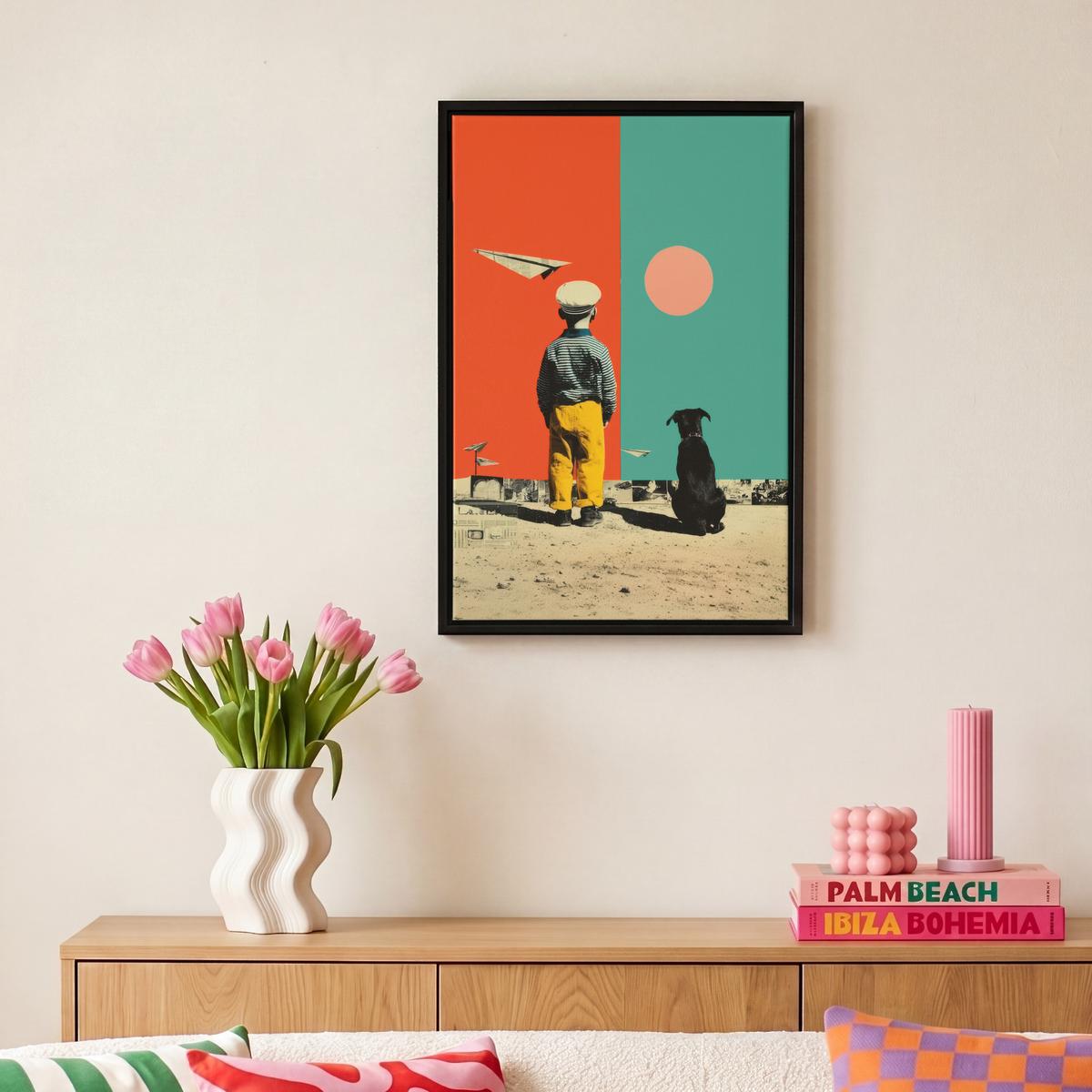 LEINWAND Bilder mit Rahmen - Retro - Junge - Hund - Rot - Grün - 20x30 - Orange, Textil (20/30cm) - MuchoWow