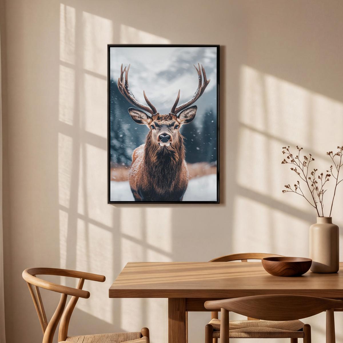 LEINWAND Bilder mit Rahmen - Hirsche - Tiere - Landschaft - Winter - Schnee - 60x90 - Kastanienfarben, Textil (60/90cm) - MuchoWow