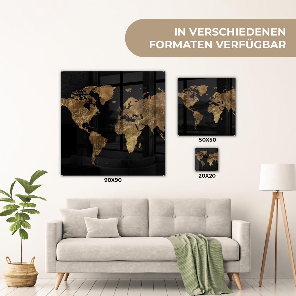 ACRYLGLASBILD Weltkarte - Gold - Luxus - Erde - Schwarz 50x50 cm - Goldfarben, Glas (50/50cm) - MuchoWow