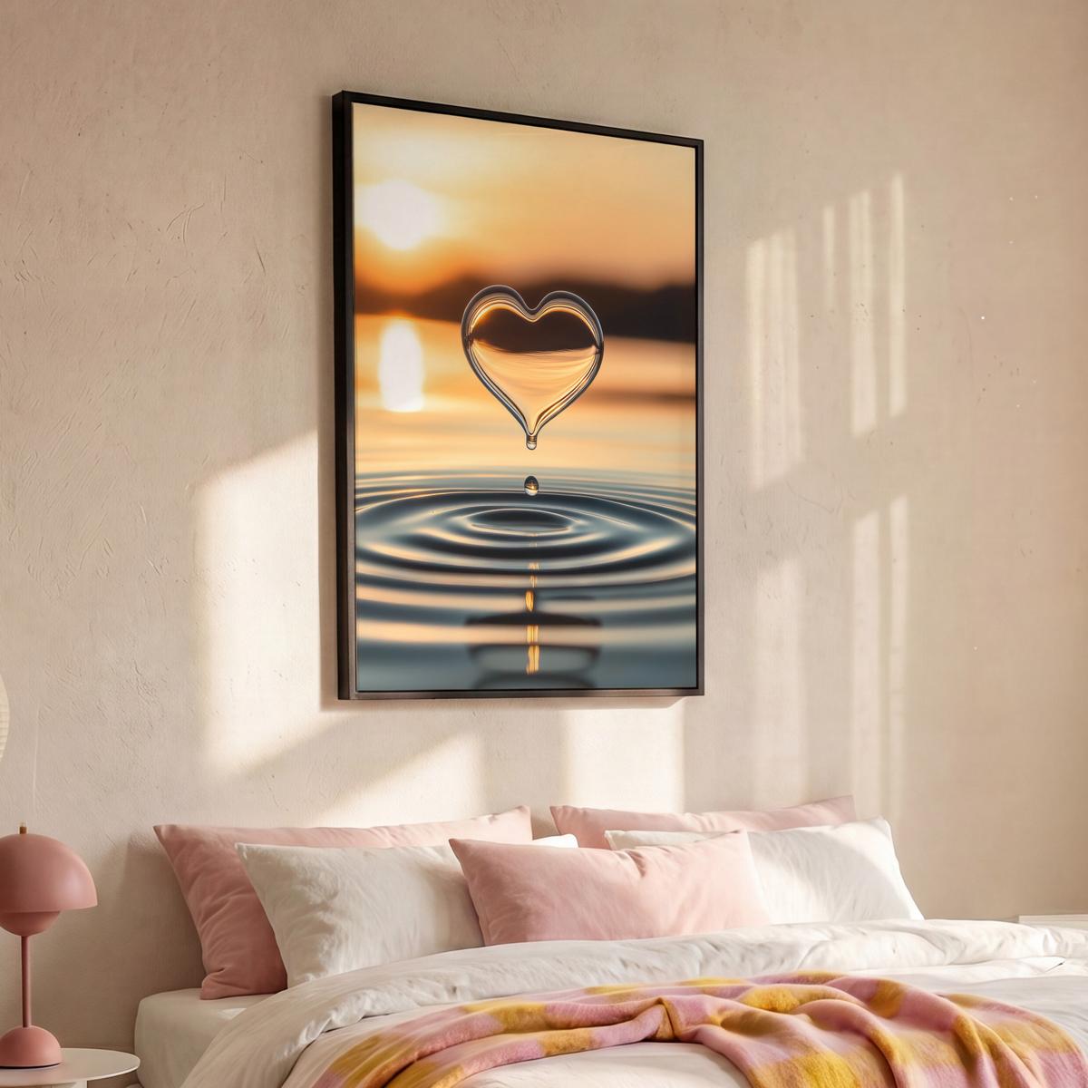 LEINWAND Bilder mit Rahmen - Herz - Wasser - Sonnenuntergang - Natur - Zen - 100x150 - Bernsteinfarben, Textil (100/150cm) - MuchoWow