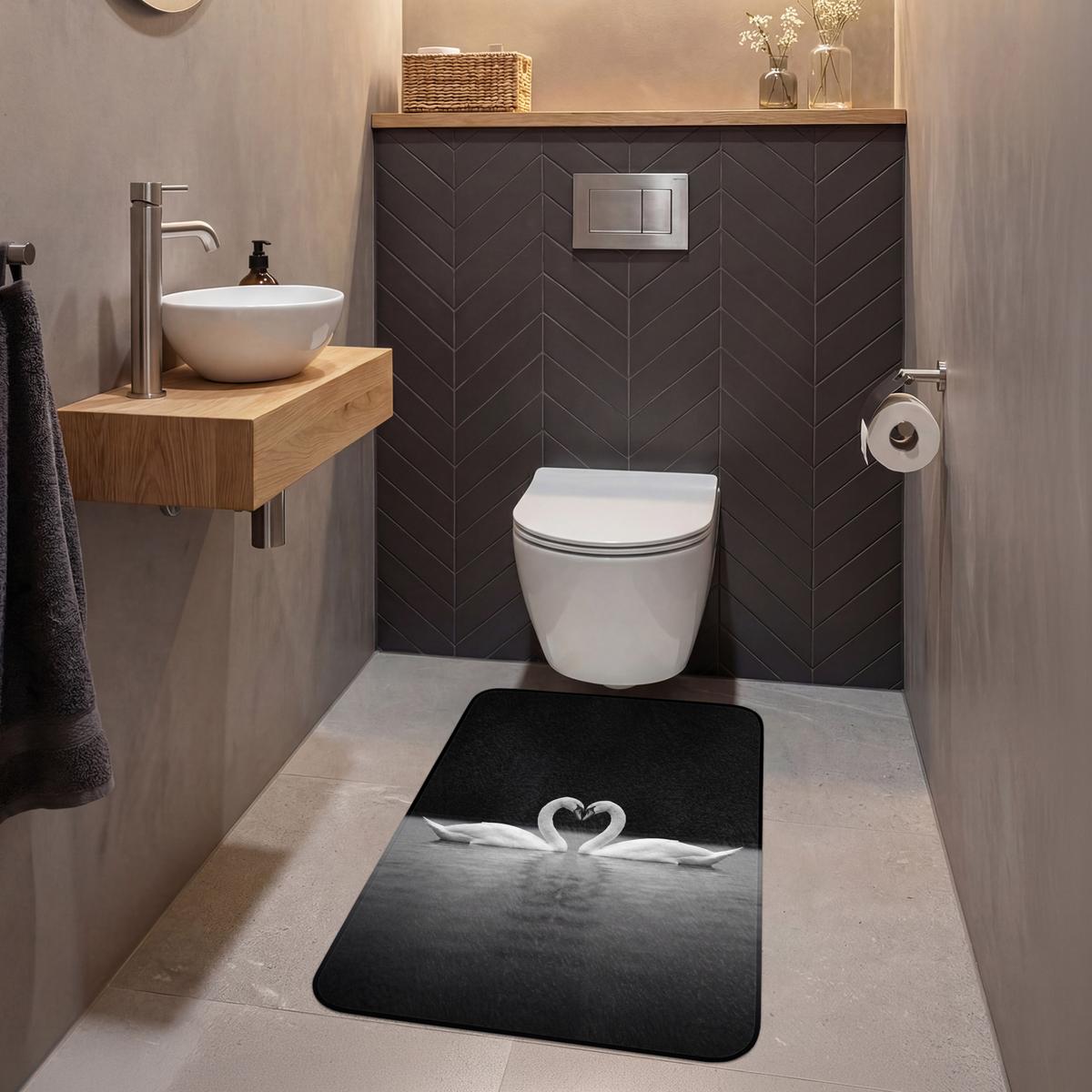 WC-VORLEGER Schwäne - Herz - Schwarz - Weiß Toilettenvorleger 60x90 cm - Schwarz, Textil (60/1cm) - OnlyWow