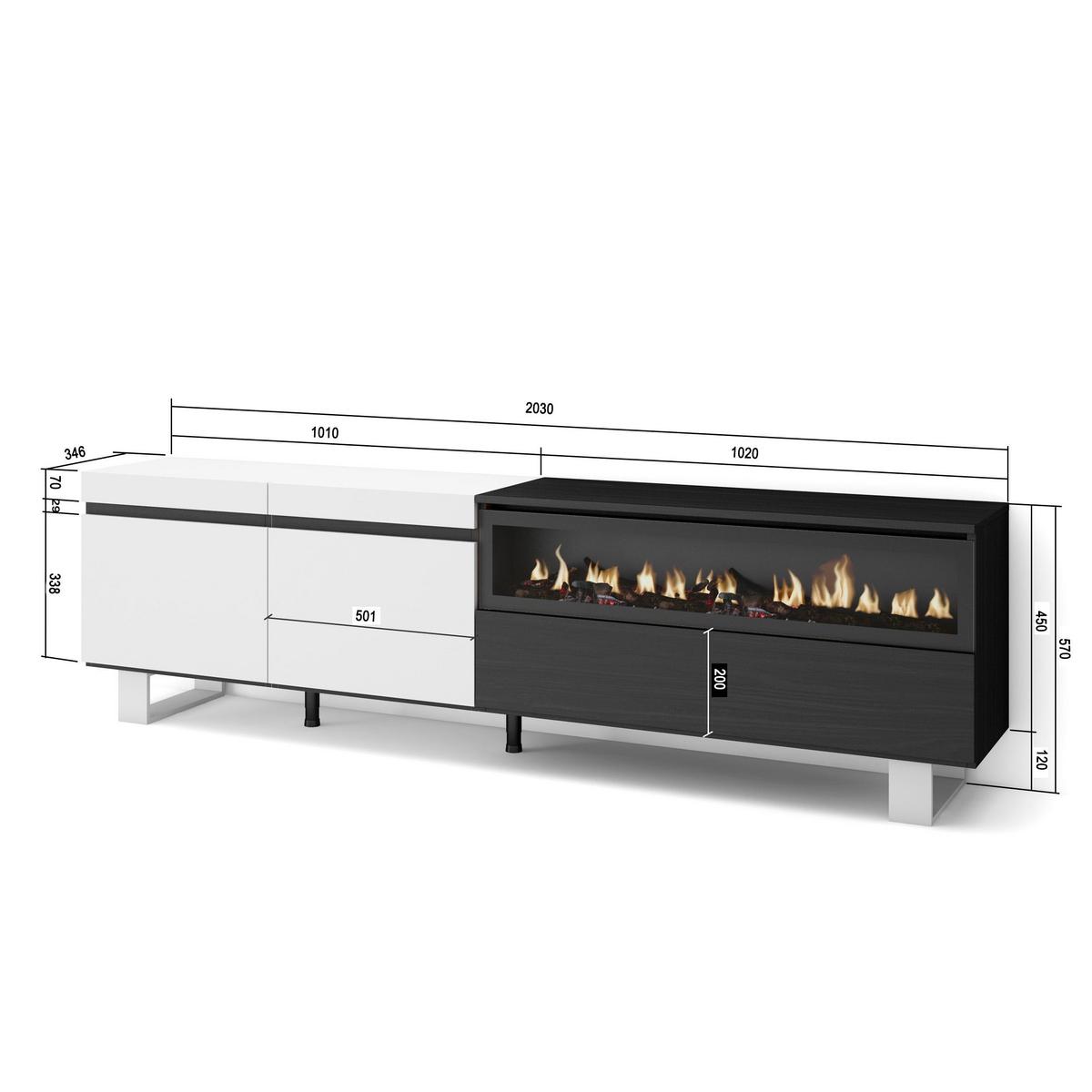 LOWBOARD mit Elektrokamin, Weiß, Schwarz, 200/35/57cm - Weiß, Holzwerkstoff (200/57/35cm) - Skraut Home