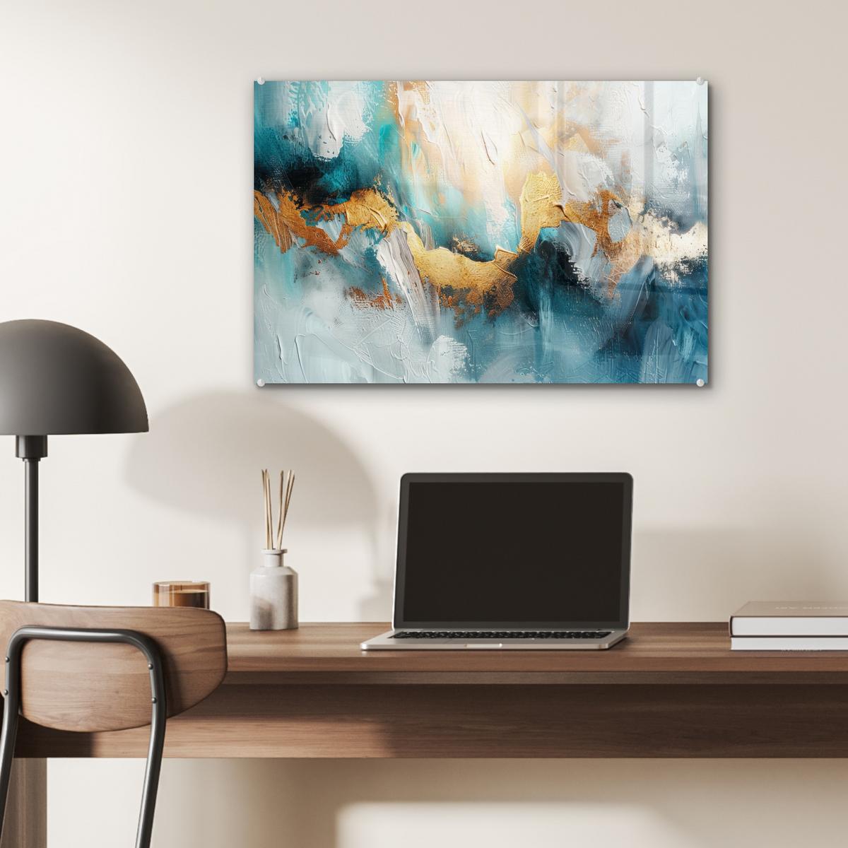 ACRYLGLASBILD Abstrakt - Kunst - Gold - Blau Wanddeko 60x40 cm - Petrol, Glas (60/40cm) - MuchoWow