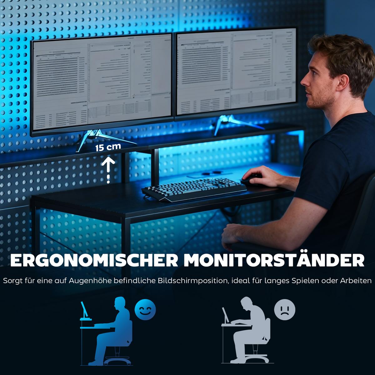 GAMING Tisch L-förmiger 165 x 80 cm Schreibtisch mit LED & Steckdosen 2 Schublad - Schwarz, Holzwerkstoff/Metall (165/80/91.5cm) - HOMCOM