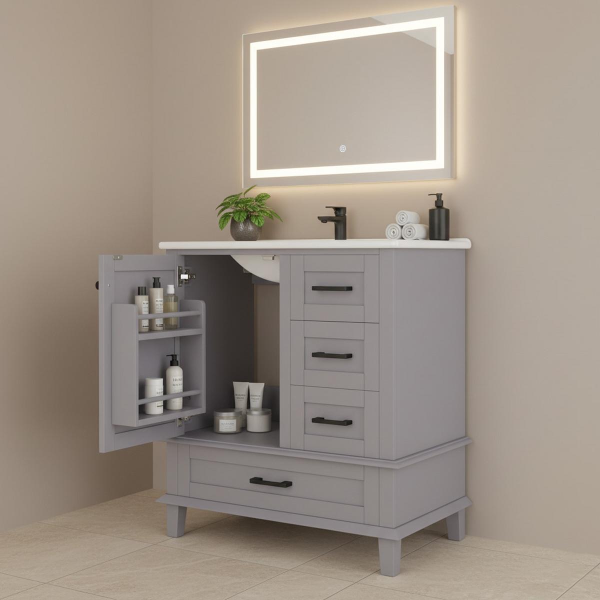 WASCHTISCHKOMBI Grau freistehend mit Keramikbecken & 3 Schubladen - Grau, Keramik/Holzwerkstoff (76/83/46cm) - Urban Meuble