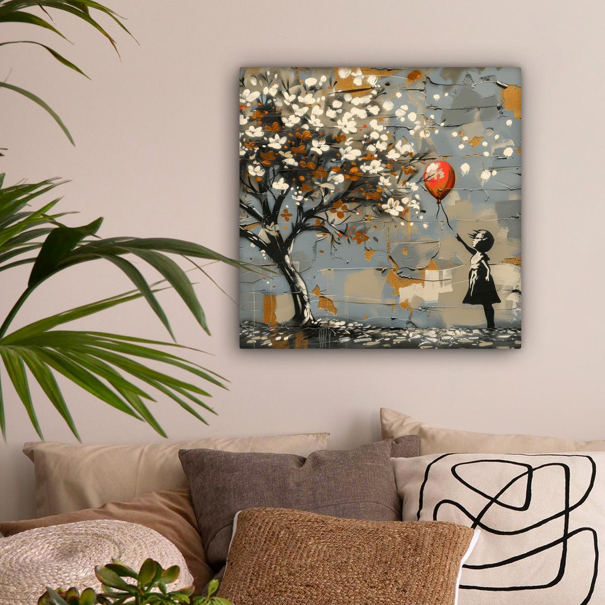LEINWANDBILD Baum - Graffiti - Banksy-Stil - Ballon-Mädchen Wandbild Wohnzimmer 50x50 cm - Blaugrau, Textil (50/50cm) - MuchoWow