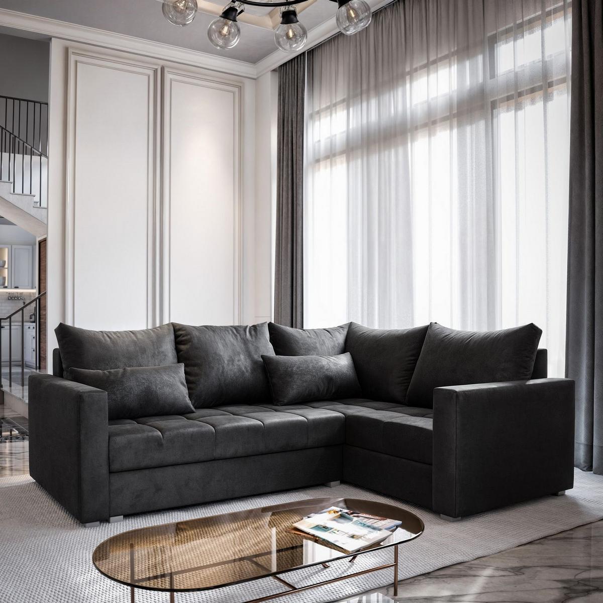 ECKSOFA LIRENO R-S Schwarz Plüsch-Stoff mit Schlaffunktion - Schwarz/Grau, Holz/Kunststoff (220/153cm) - MASSENO