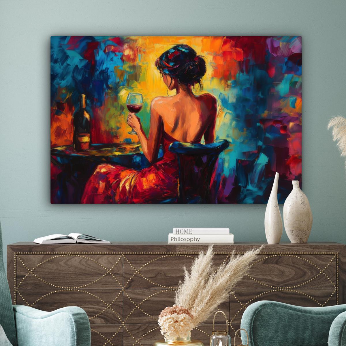 LEINWANDBILD Wein - Frau - Stimmungsvoll - Farbenfroh XXL 150x100 cm - Bordeaux, Textil (150/100cm) - MuchoWow