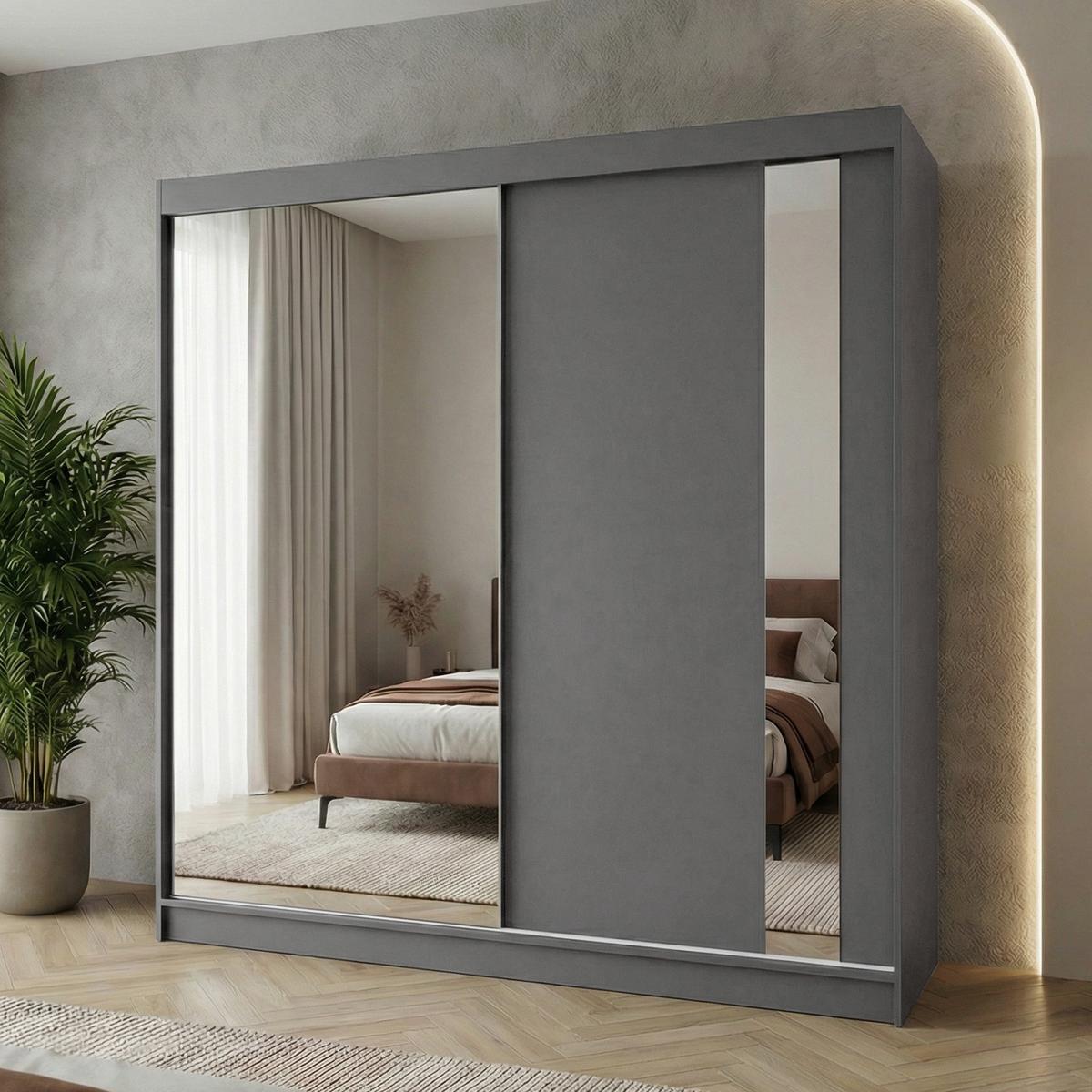 SCHWEBETÜRENSCHRANK Gaja II 200/216/61 graphit mit Spiegel und Schubladen - Graphitfarben, Holzwerkstoff (200/216/61cm) - Beautysofa