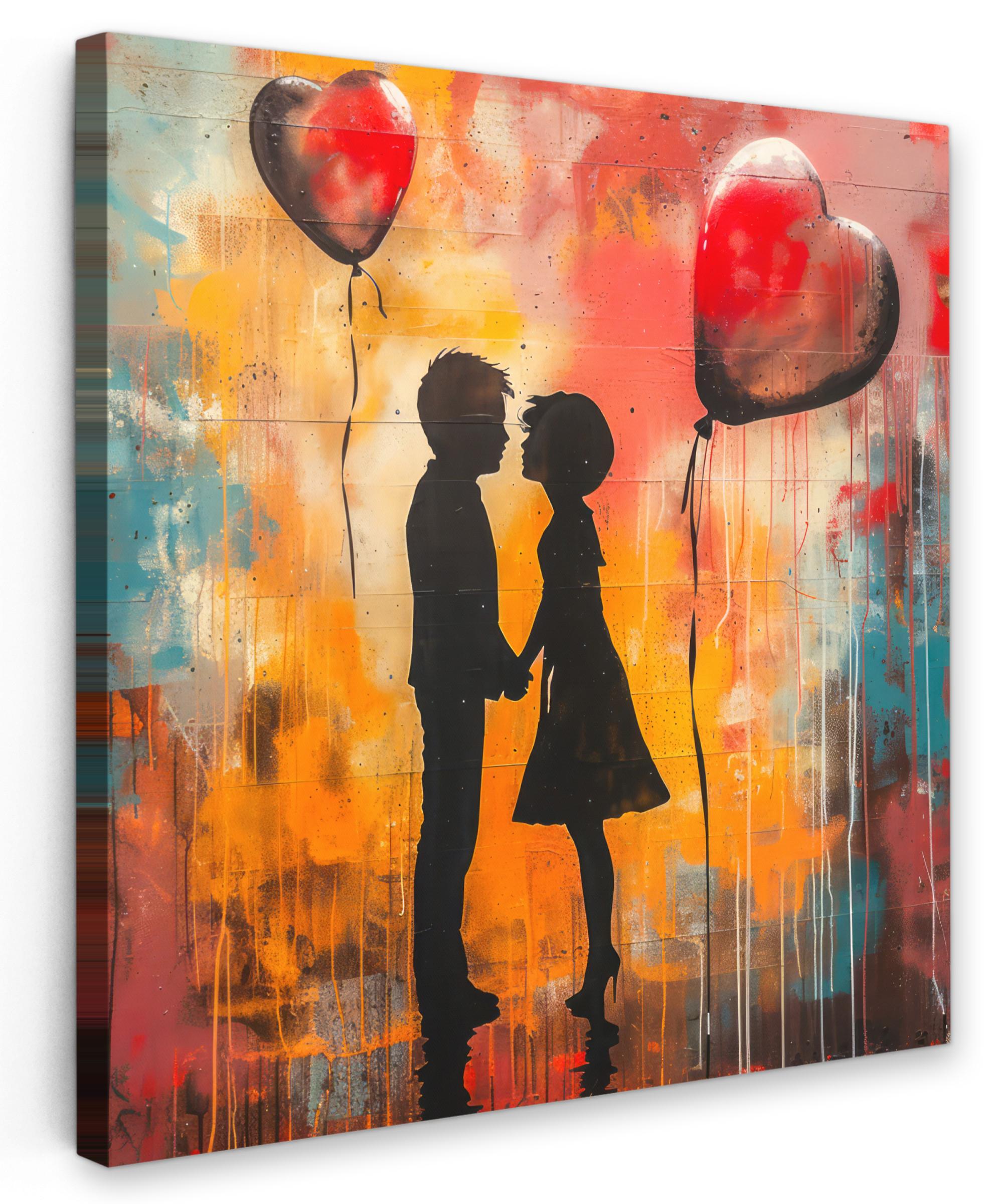 LEINWANDBILD Straßenkunst - Liebe - Graffiti - Kunst - Banksy Deko Groß 90x90 cm - Orange, Textil (90/90cm) - MuchoWow