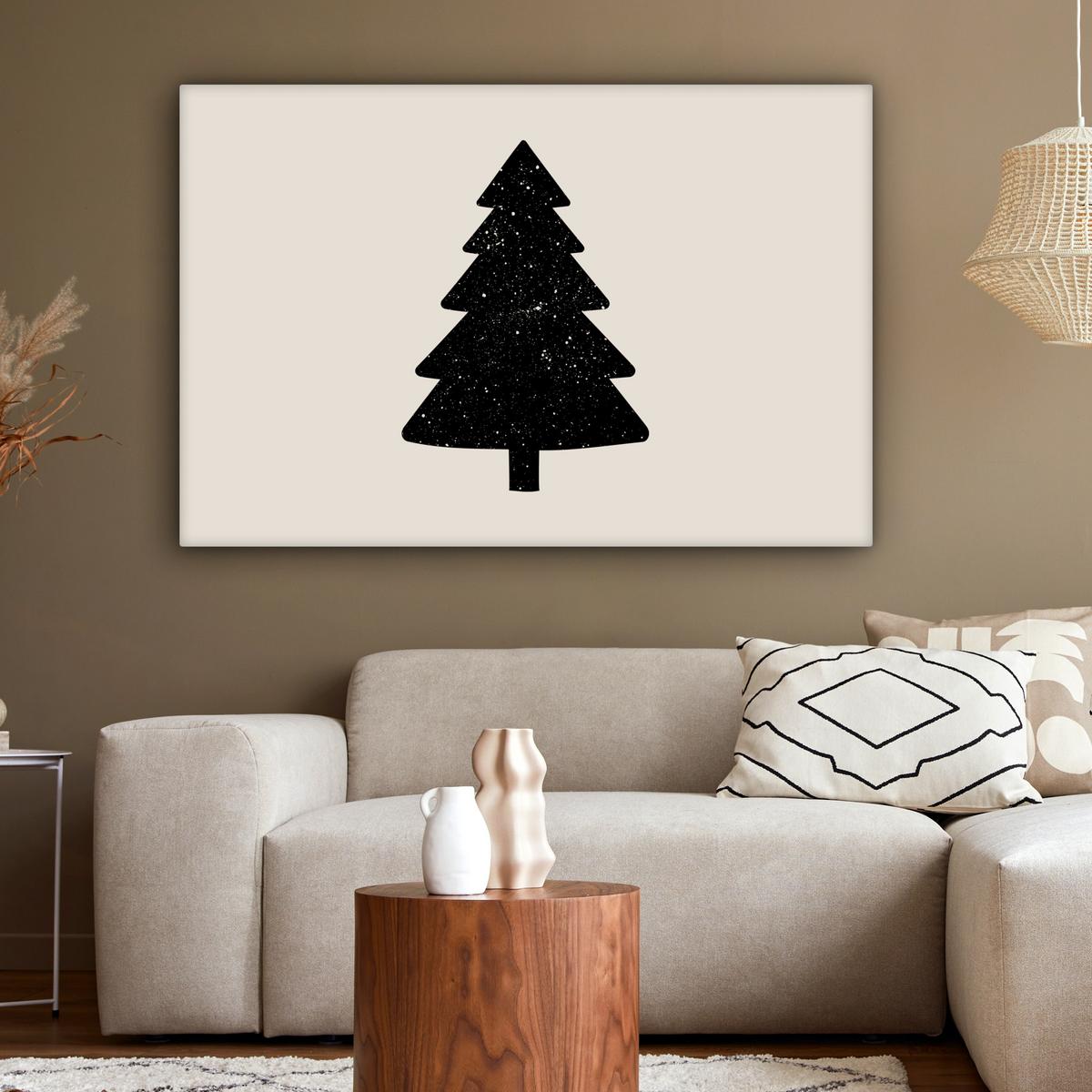 LEINWANDBILD Weihnachtsbaum - Schwarz - Urlaub - Beige Wohnzimmer Groß 120x80 cm - Schwarz, Textil (120/80cm) - MuchoWow