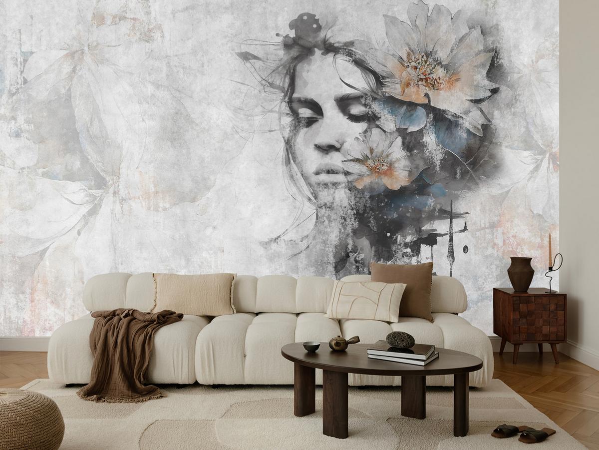 FOTOTAPETE für Wohnzimmer Gesicht Frau Grau Betonwand Blumen 100x70 - Grau, Papier (100/70cm) - Muralo
