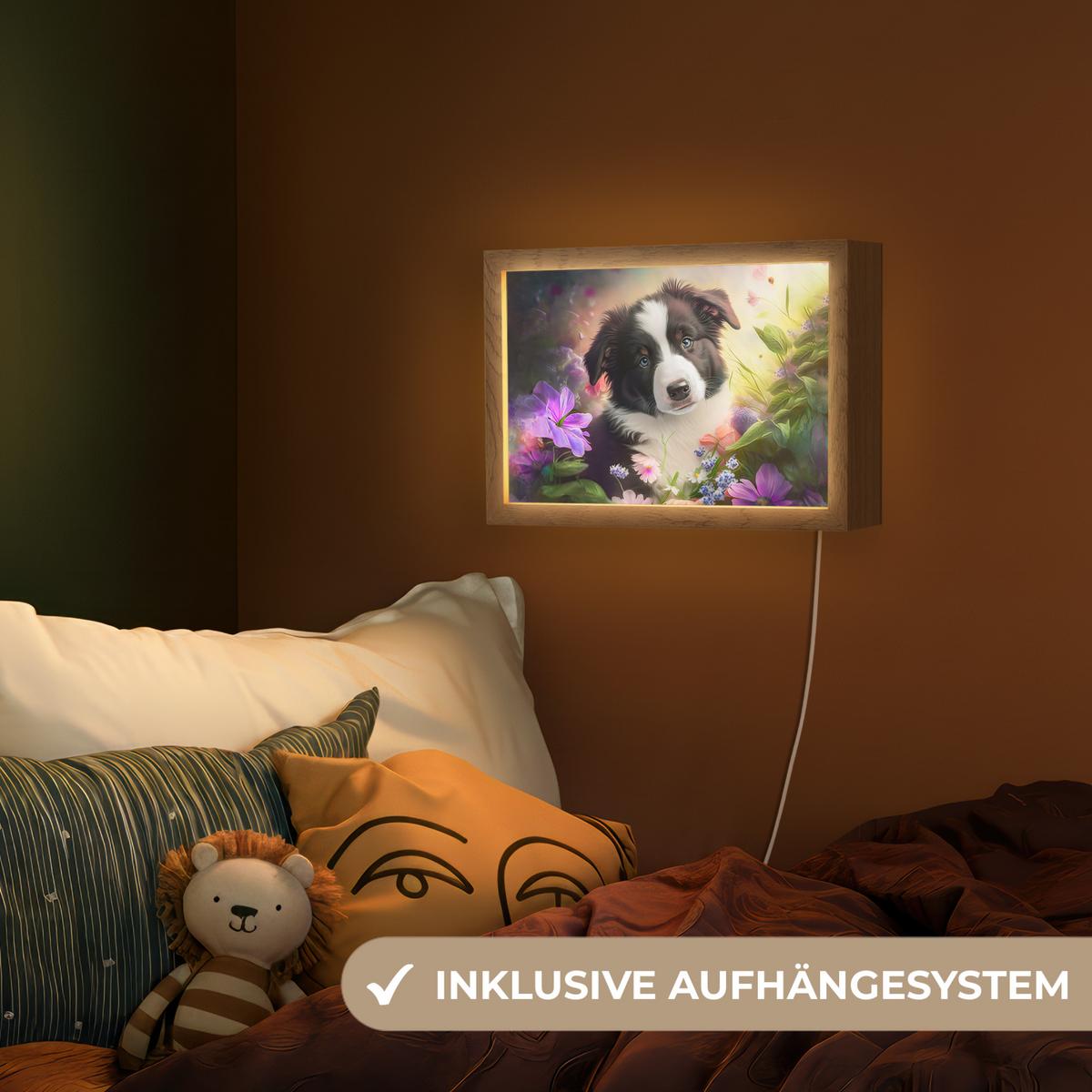 NACHTTISCHLAMPE Welpe - Sonne - Blumen - Natur - Border Collie - Hund 30x20 cm - Violett, Holzwerkstoff (8/30/20cm) - OnlyWow