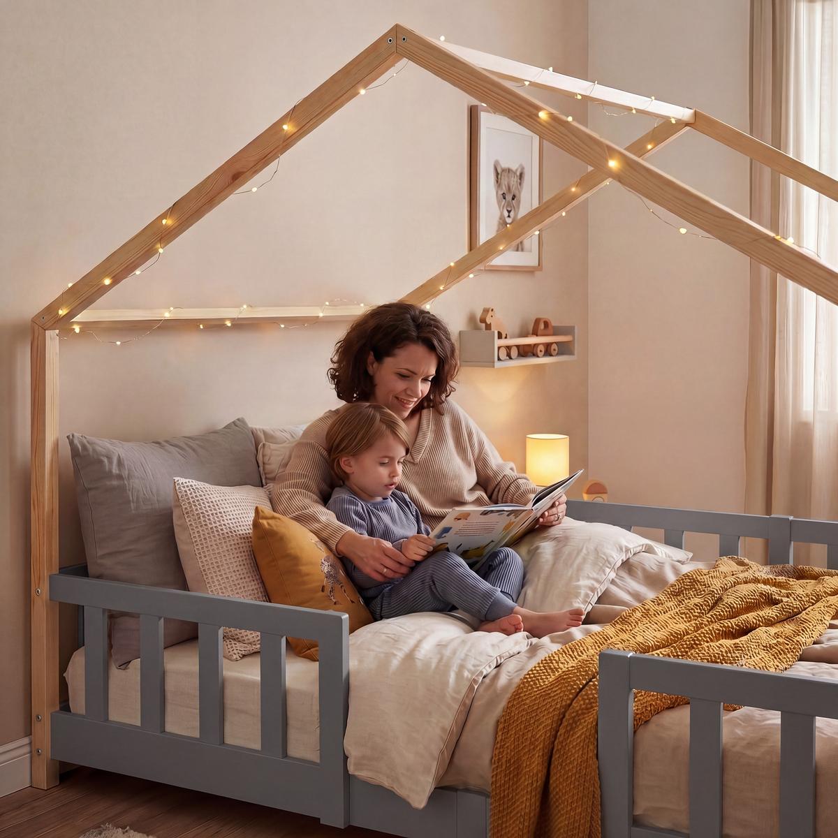 HAUSBETT Treviolo - Hellgrau/Naturfarben, Holz (140/200cm) - [en.casa]