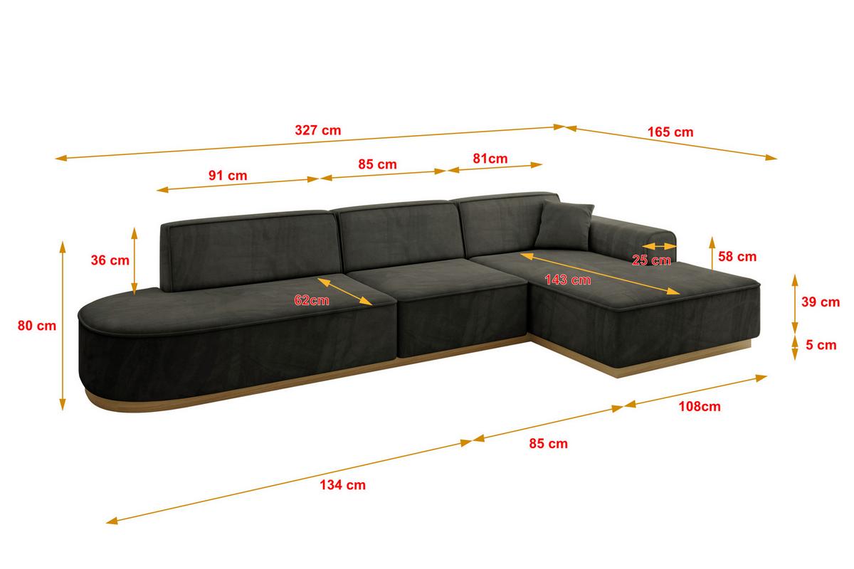 ECKSOFA Ottomane Rechts IREA-L2-v2 - 327x165x80 cm Schwarz - Schwarz, Holzwerkstoff/Textil (327/165cm) - ALTDECOR