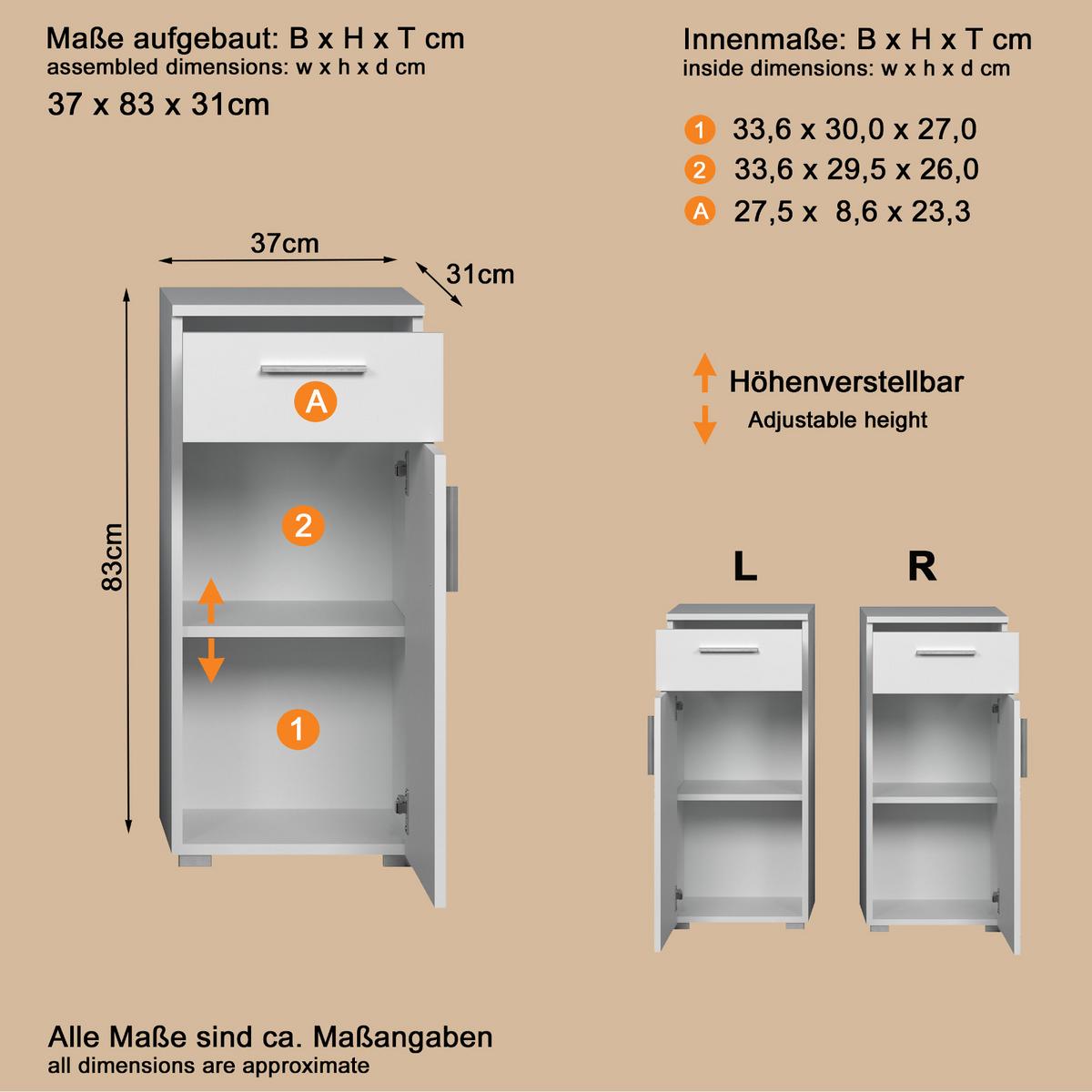 KOMMODE weiß Hochglanz 37 x 83 cm, Badschrank in modernem Design - Weiß Hochglanz/Silberfarben, Holzwerkstoff/Kunststoff (37/83/31cm) - Top.Furn